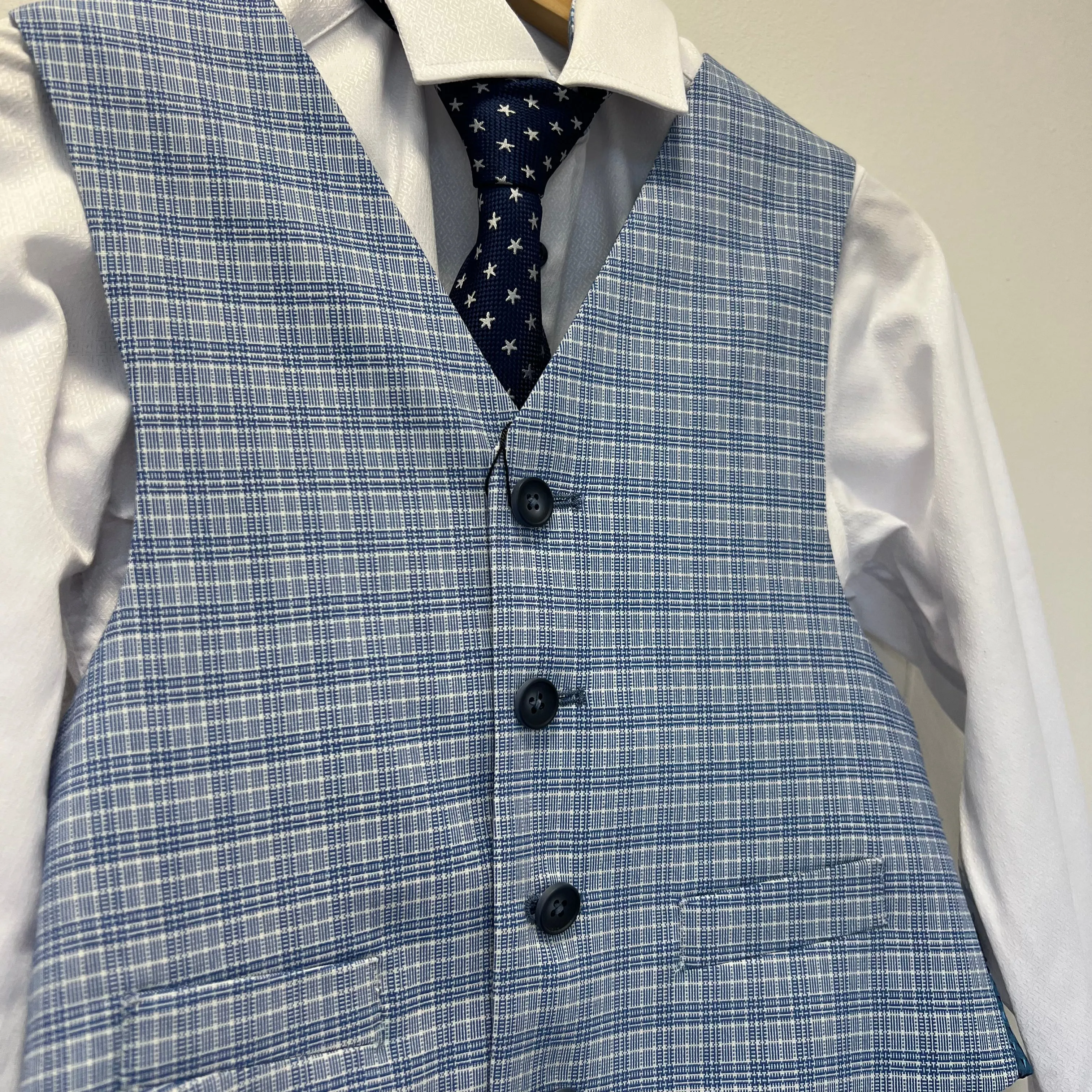 1880 Club Boys Light Blue Checked Waistcoat 132-55145/23