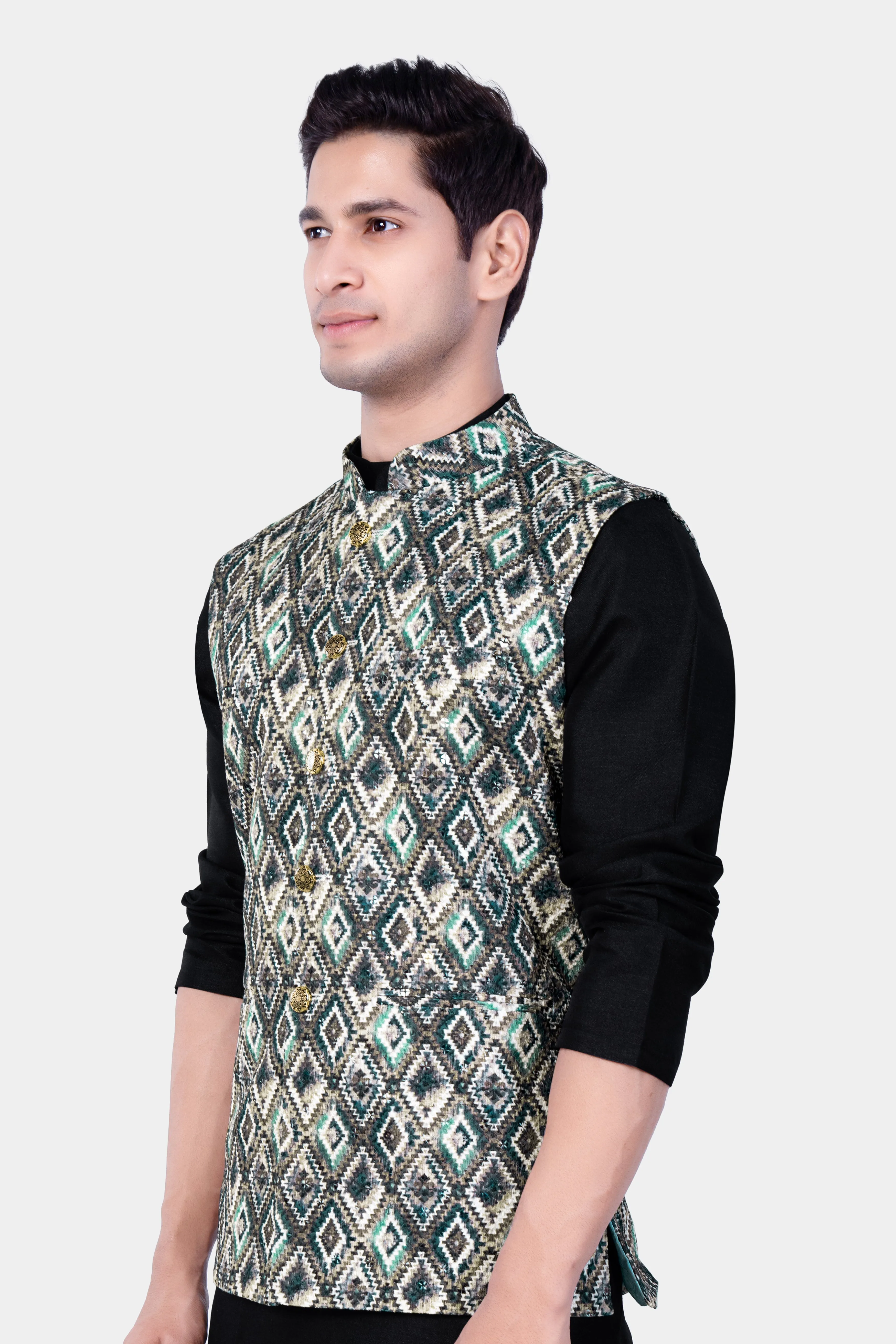 Abbey Gray And Outer Space Blue Designer Embroidered Nehru Jacket