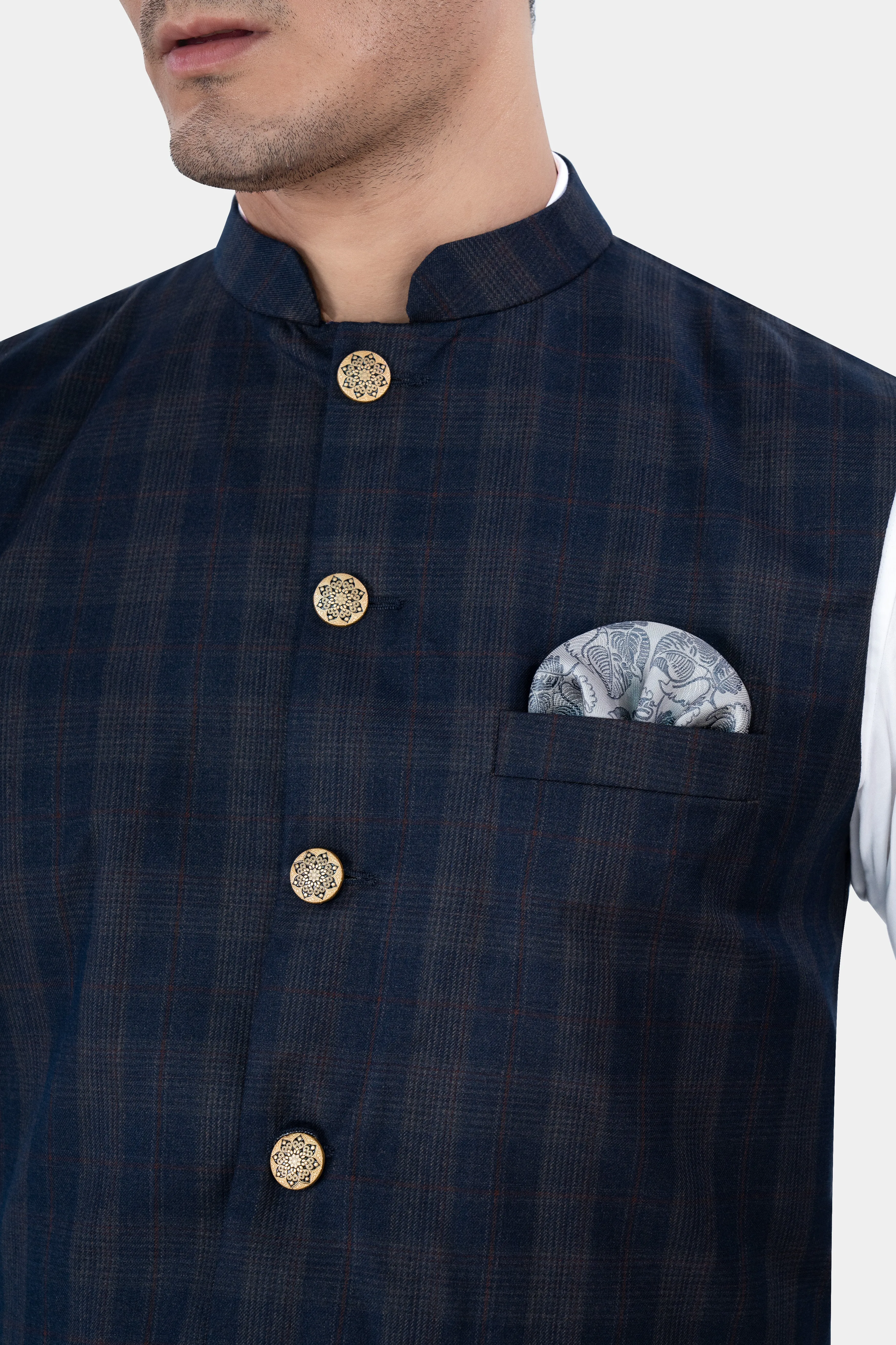 Admiral Blue and Cinereous Brown Plaid Wool Rich  Nehru Jacket