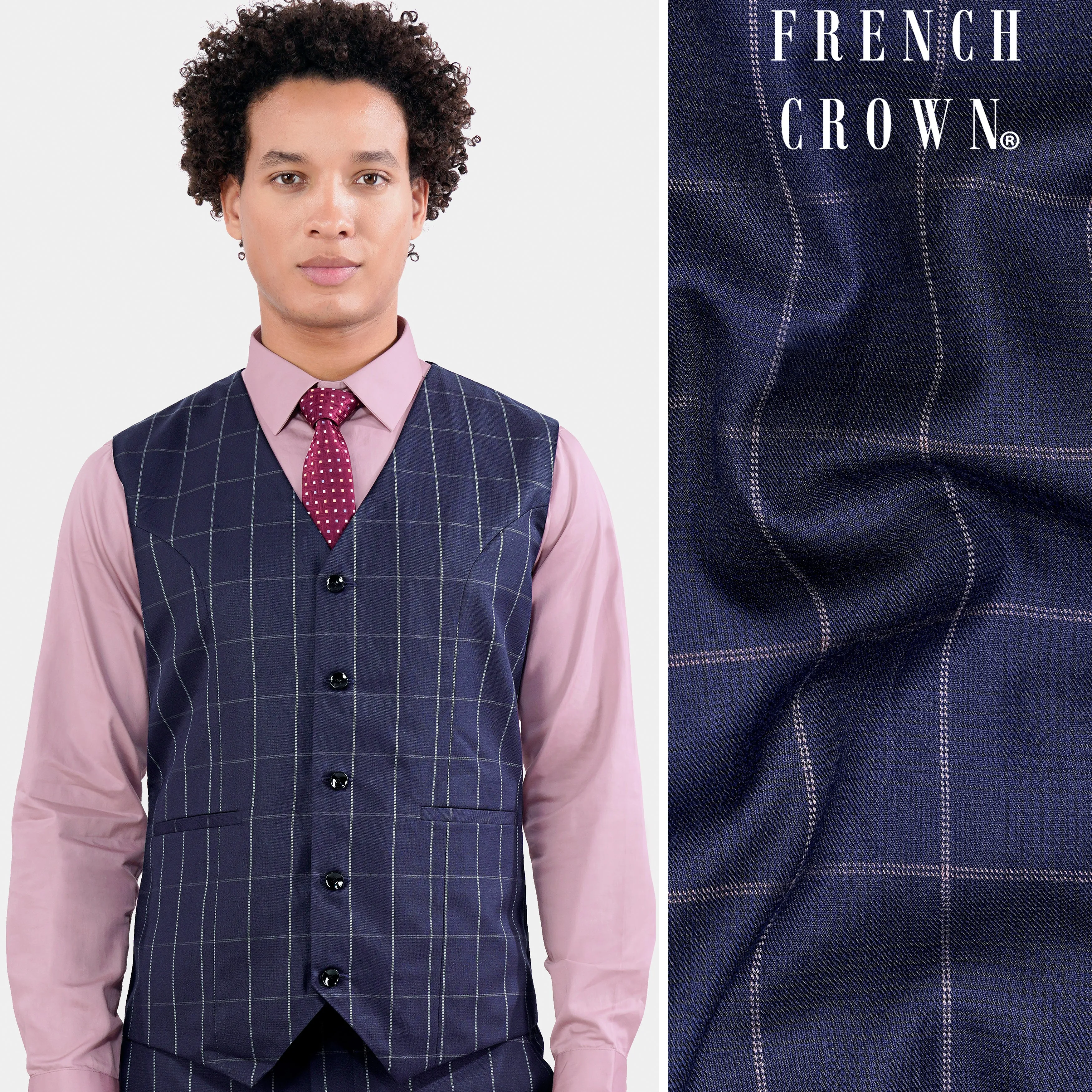 Admiral Blue Windowpane Wool Rich Waistcoat