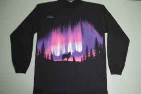 Alaska Howling Wolf Northern Lights Forest Nature Vintage 90's Long Sleeve T-Shirt