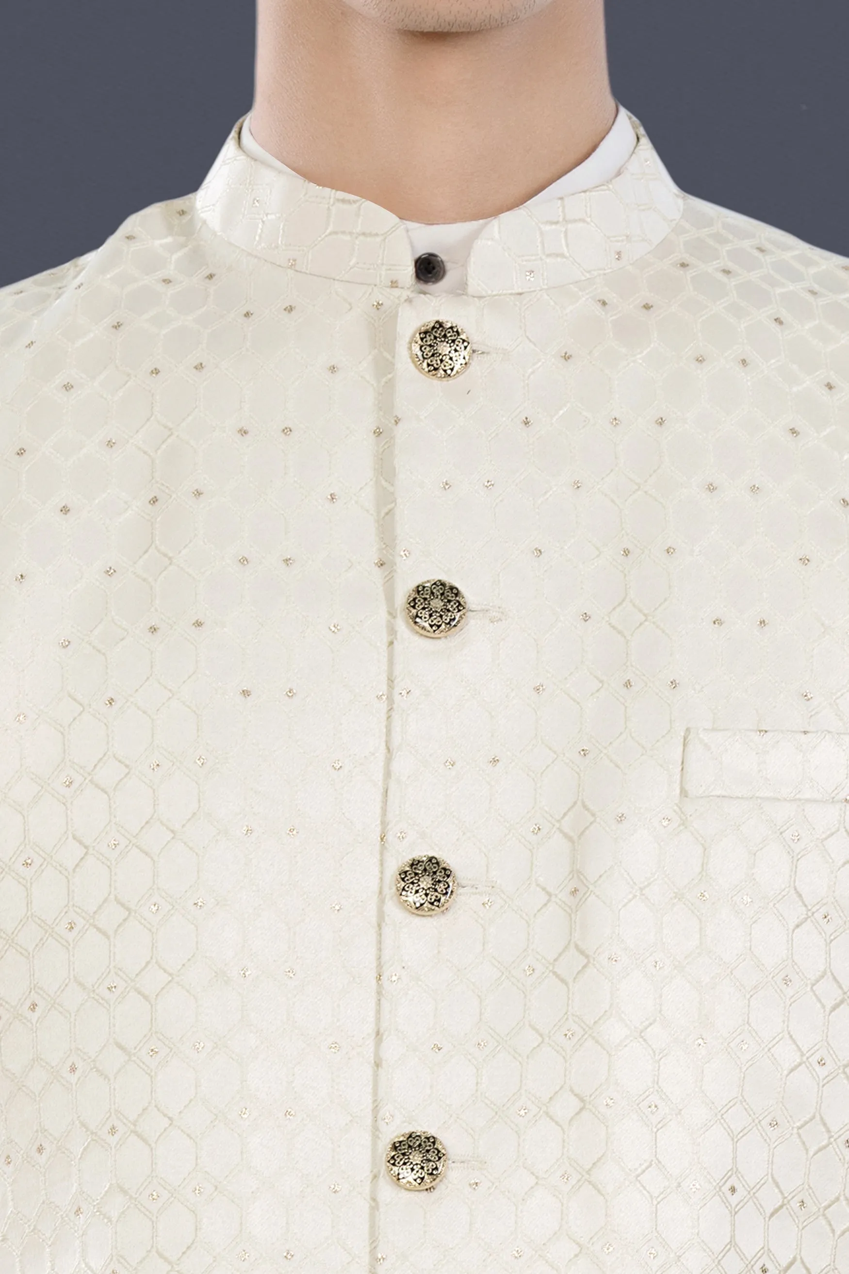 Albescent Cream Trellis Jacquard Textured Designer Nehru Jacket