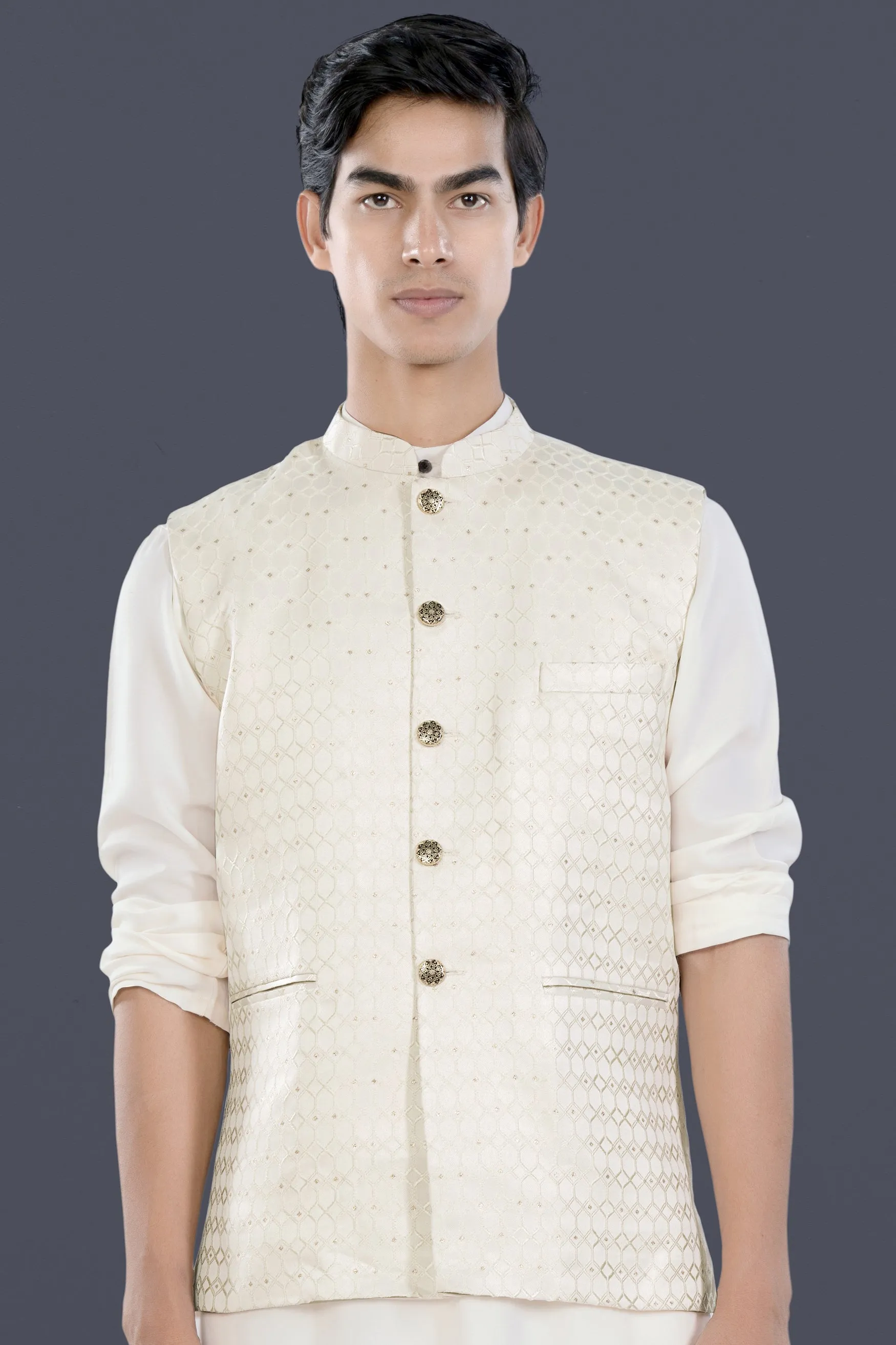 Albescent Cream Trellis Jacquard Textured Designer Nehru Jacket