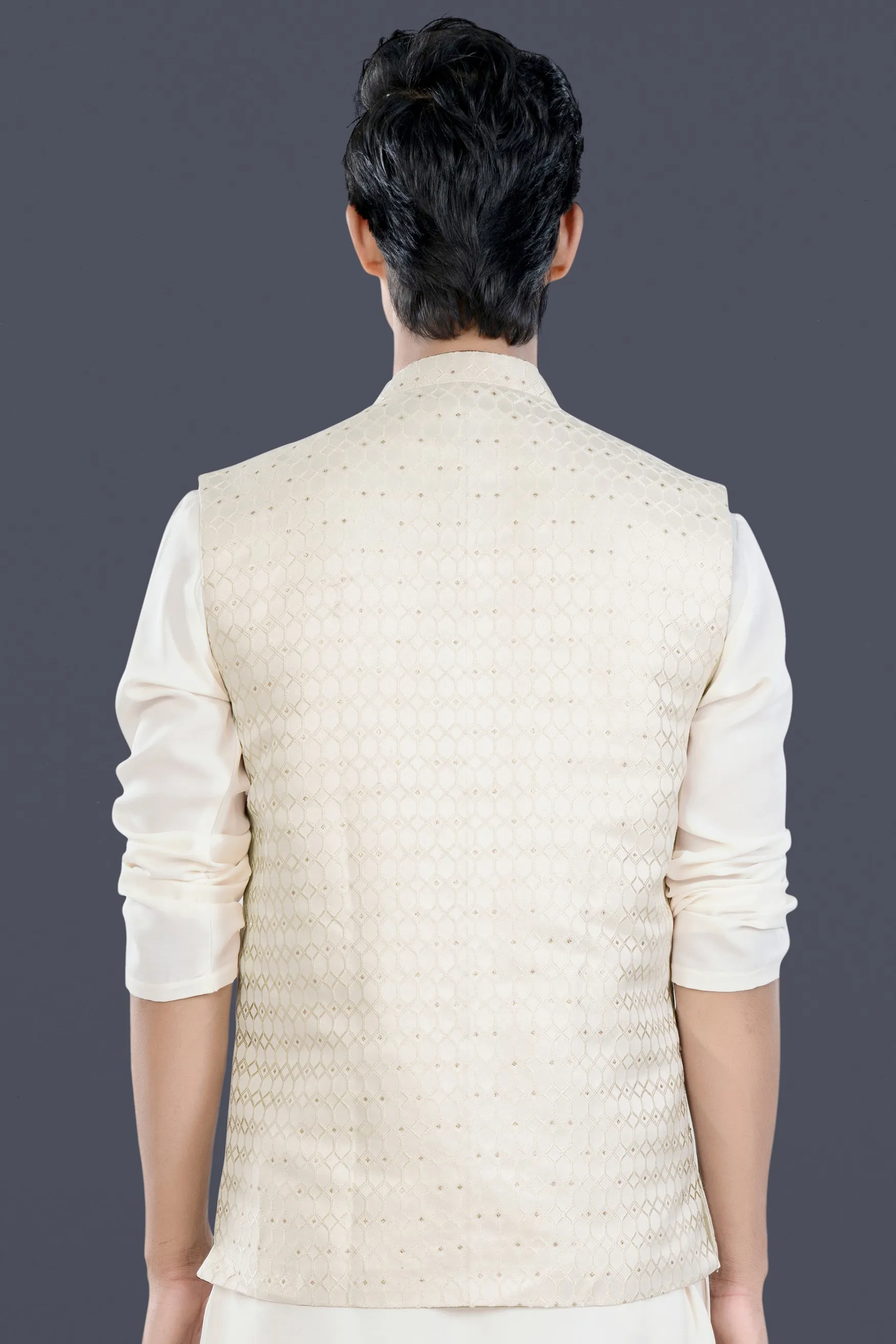 Albescent Cream Trellis Jacquard Textured Designer Nehru Jacket