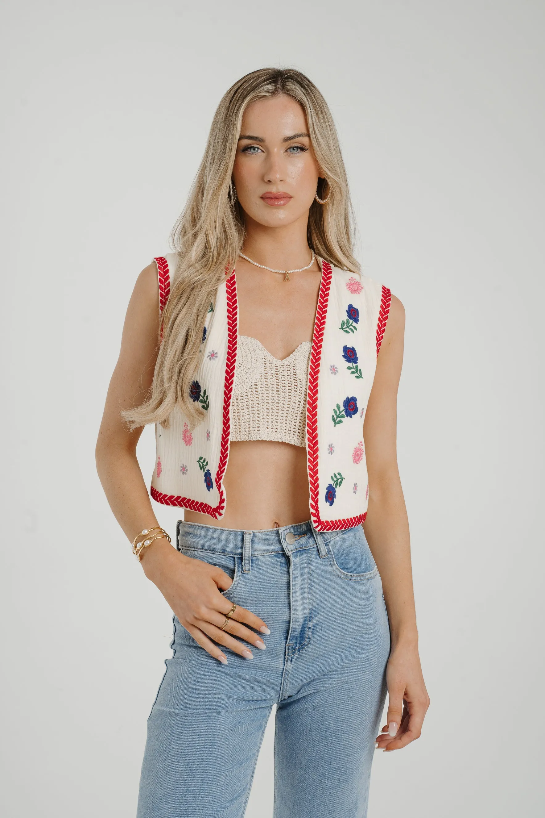 Ally Embroidered Waistcoat In Red Mix