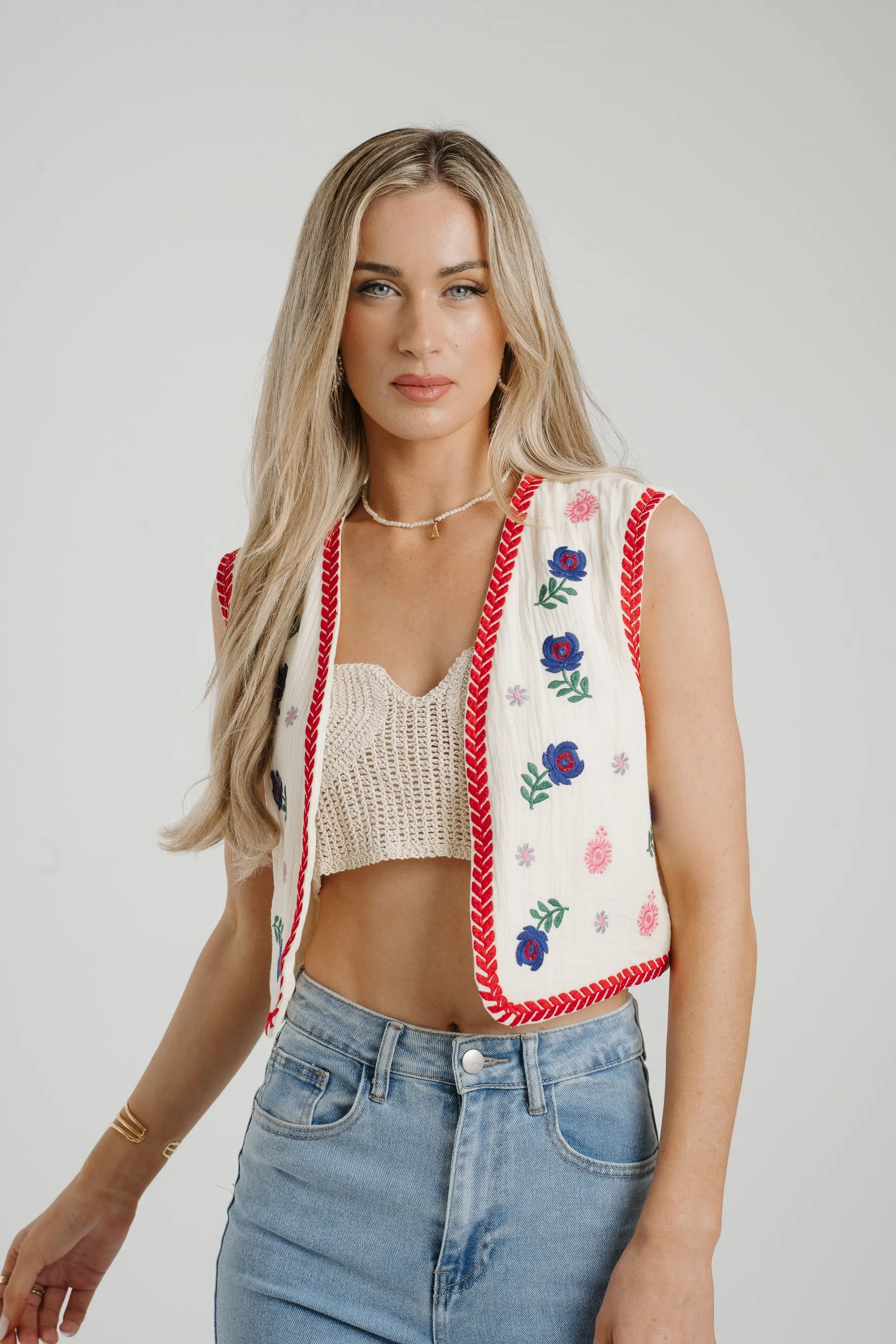 Ally Embroidered Waistcoat In Red Mix