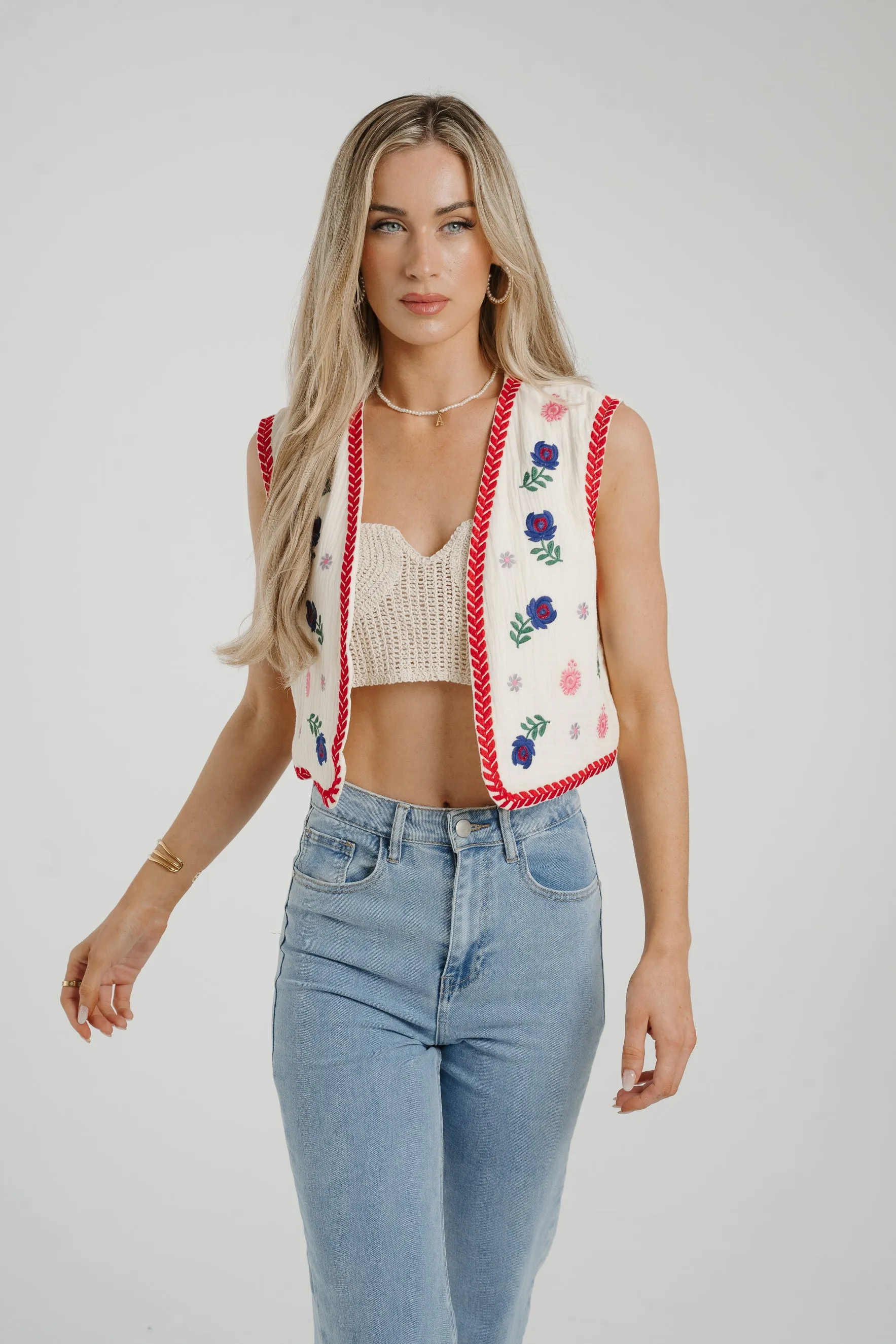 Ally Embroidered Waistcoat In Red Mix