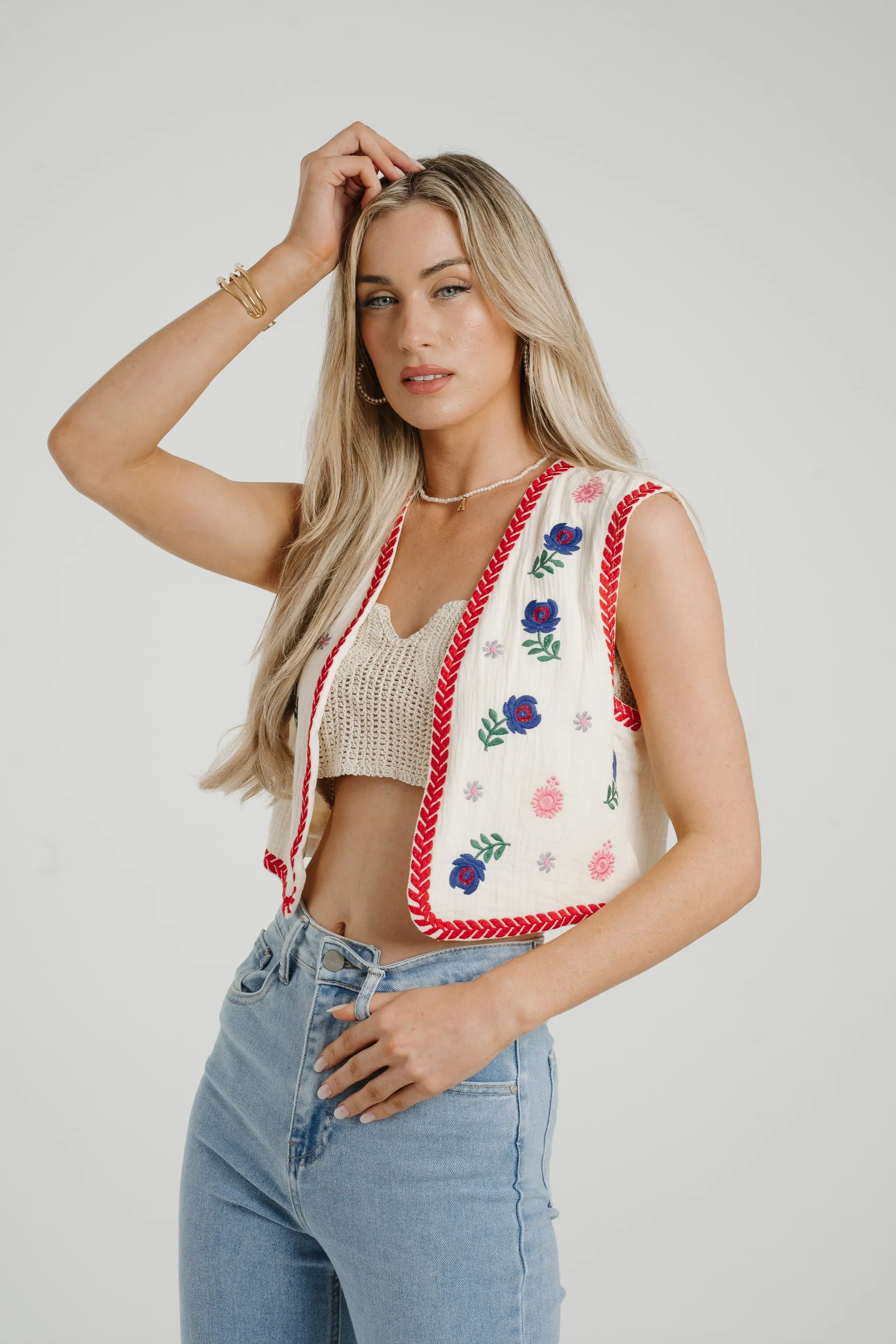 Ally Embroidered Waistcoat In Red Mix