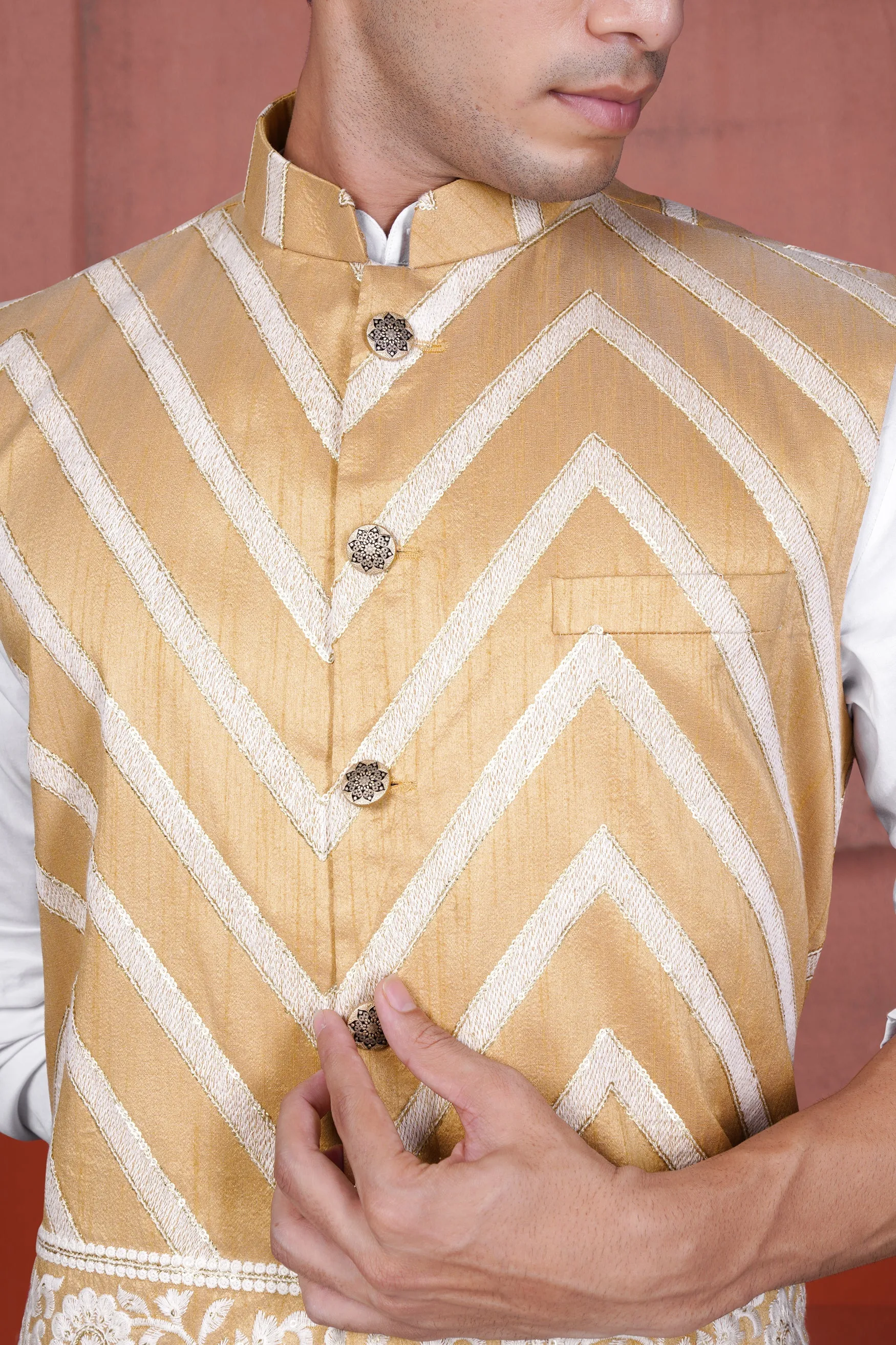 Antique Brown and Merino Cream Zig Zag Cotton Thread Embroidered Designer Nehru Jacket