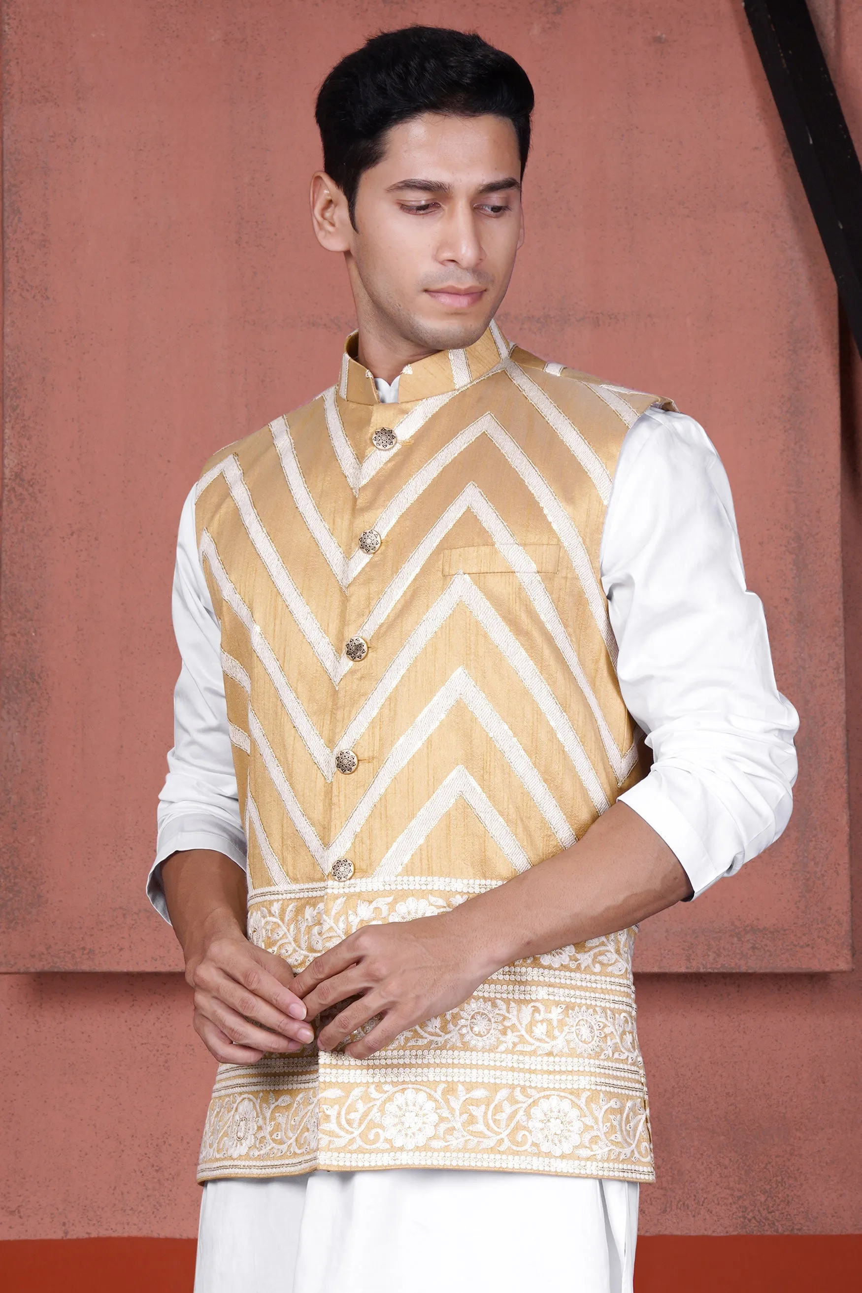 Antique Brown and Merino Cream Zig Zag Cotton Thread Embroidered Designer Nehru Jacket