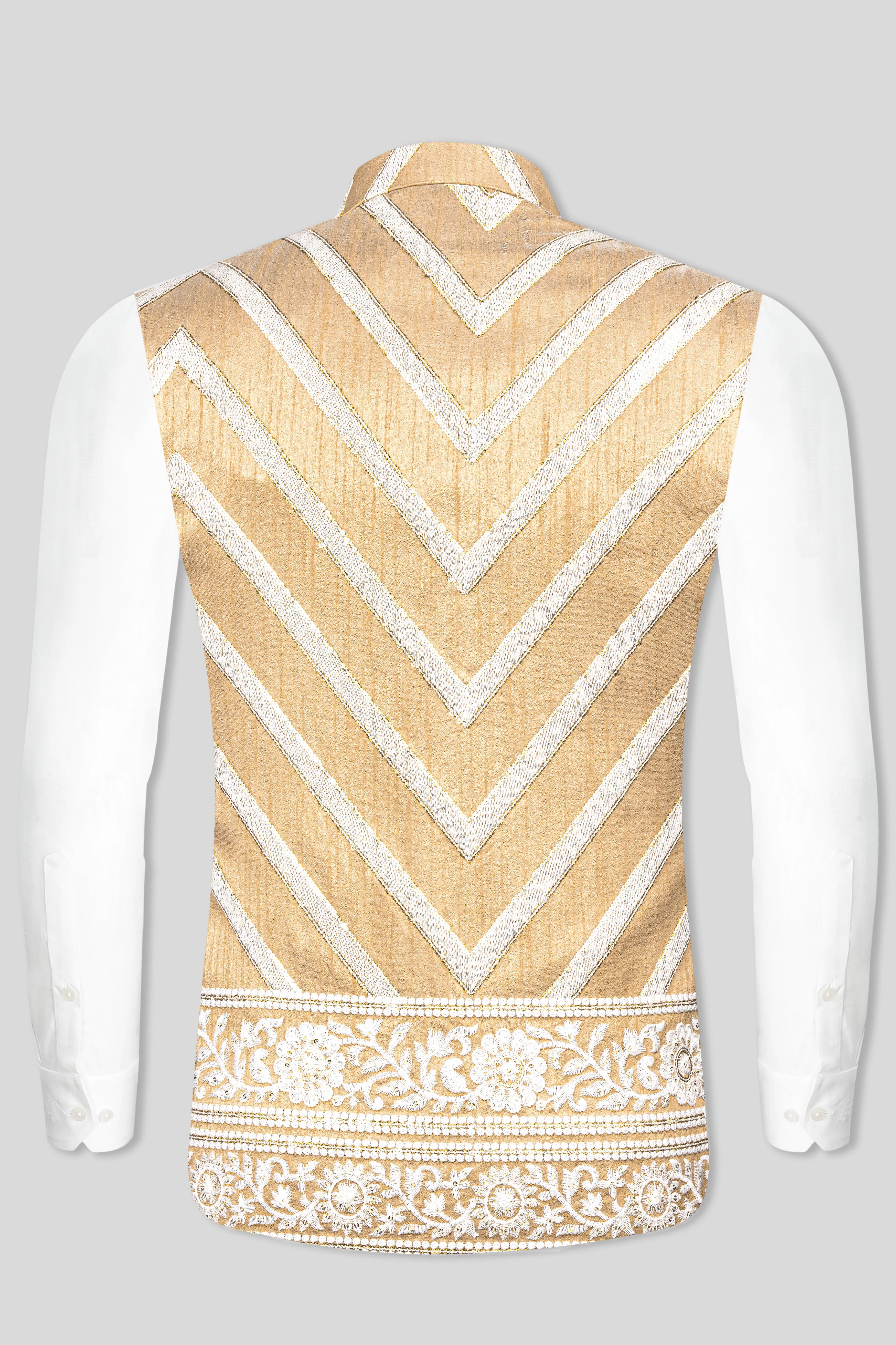 Antique Brown and Merino Cream Zig Zag Cotton Thread Embroidered Designer Nehru Jacket