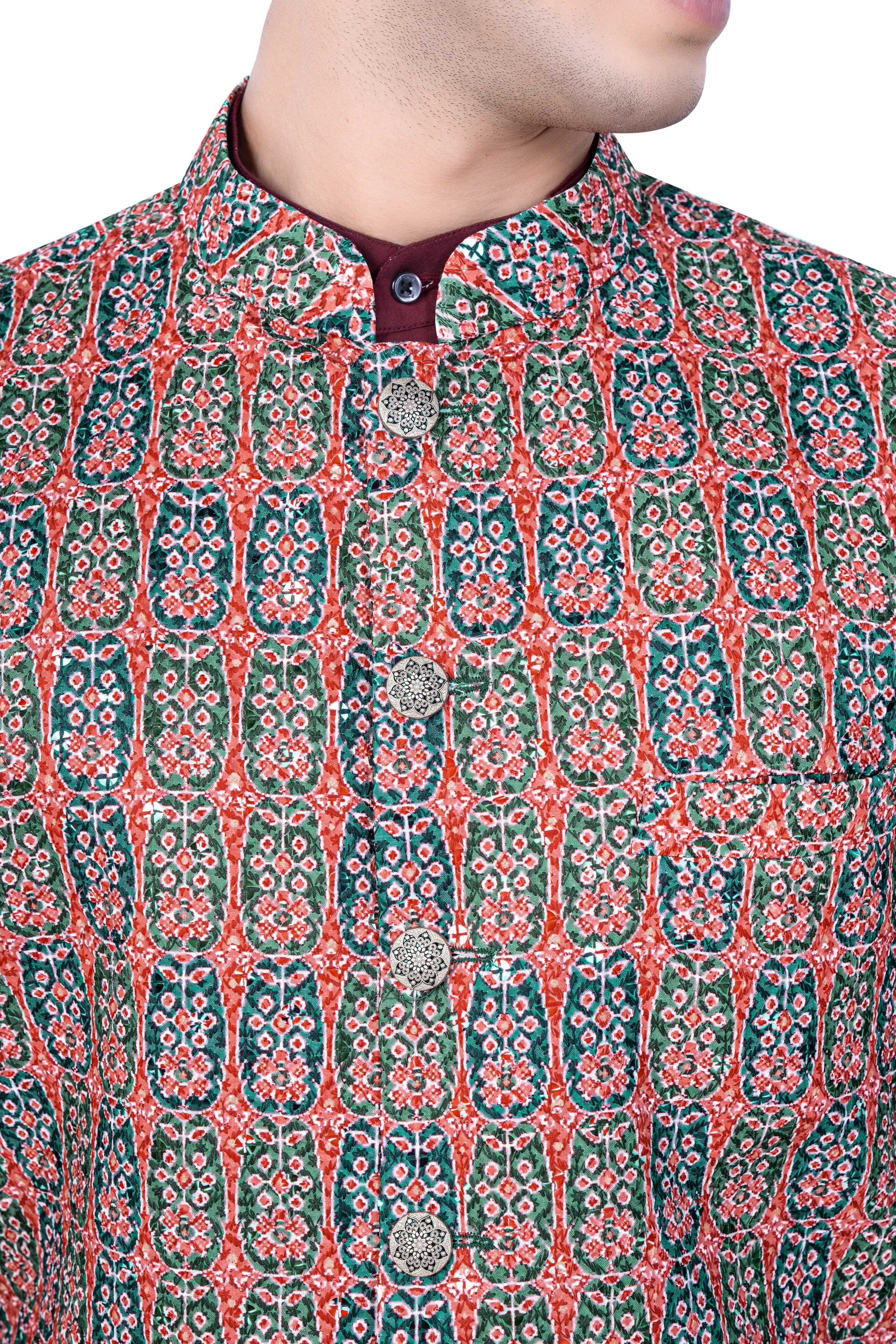 Apricot Red And Genoa Green Designer Thread Embroidered Nehru Jacket