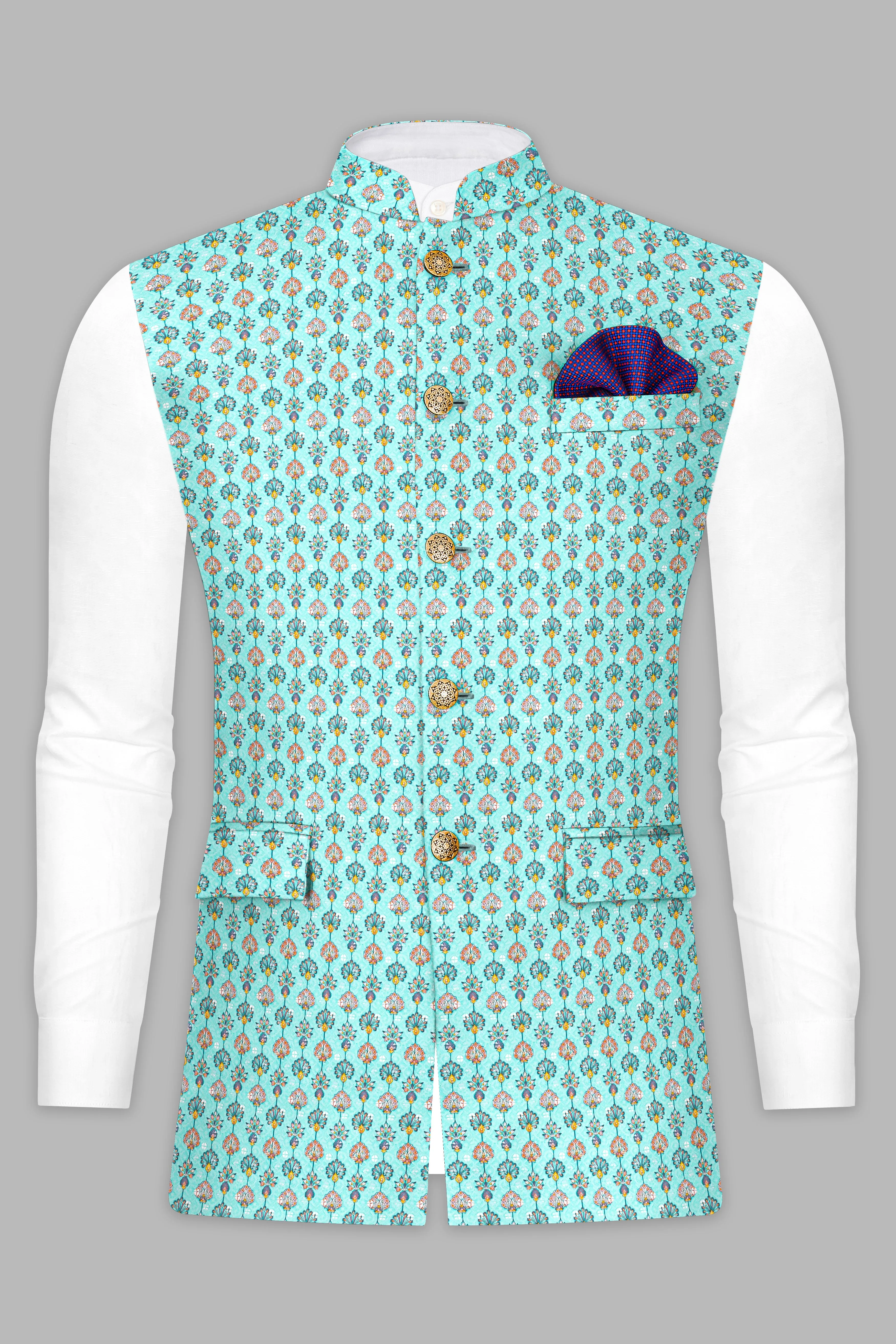 Aquamarine Blue And Tangerine Peach Designer Thread Embroidered Nehru Jacket