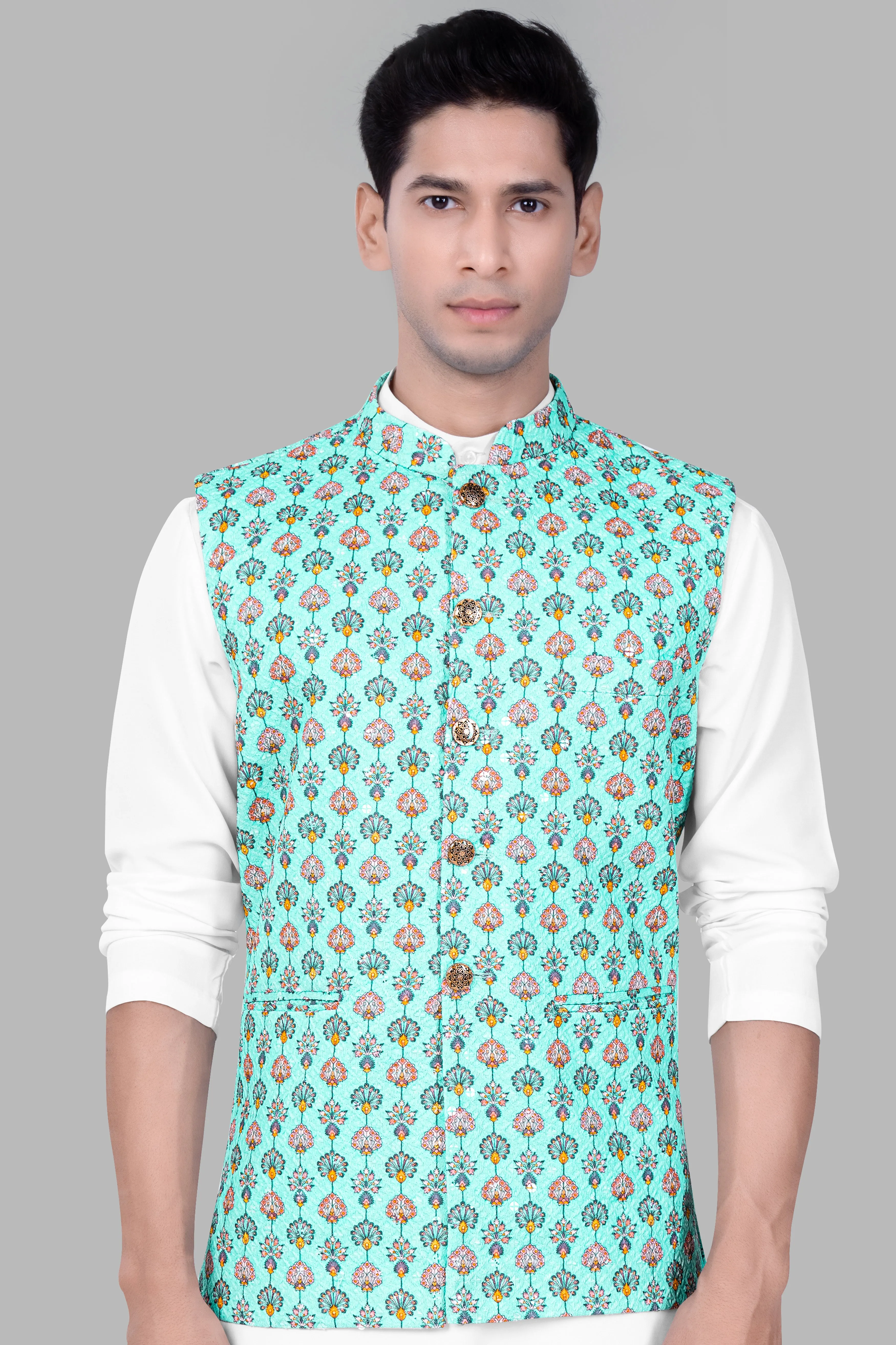 Aquamarine Blue And Tangerine Peach Designer Thread Embroidered Nehru Jacket