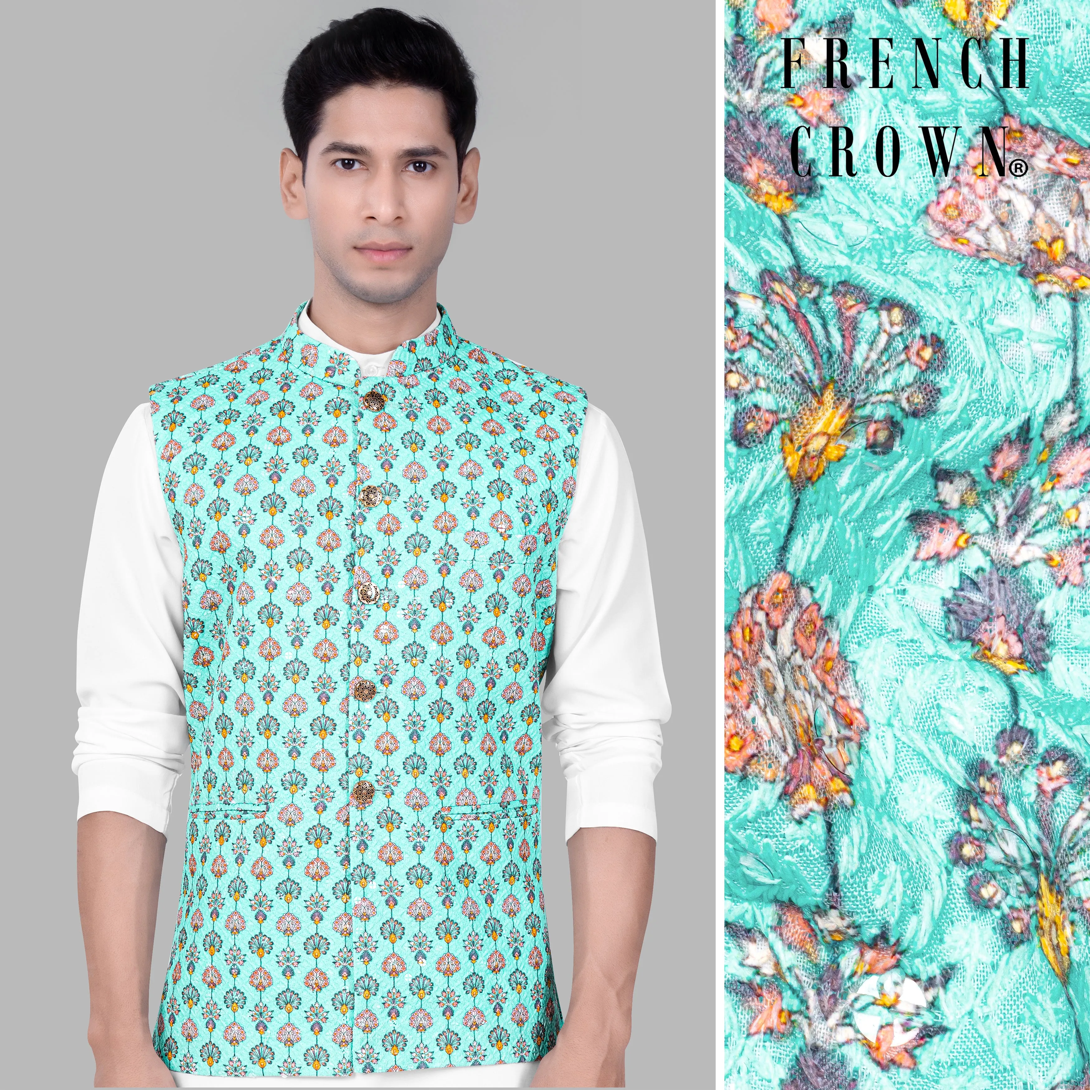 Aquamarine Blue And Tangerine Peach Designer Thread Embroidered Nehru Jacket