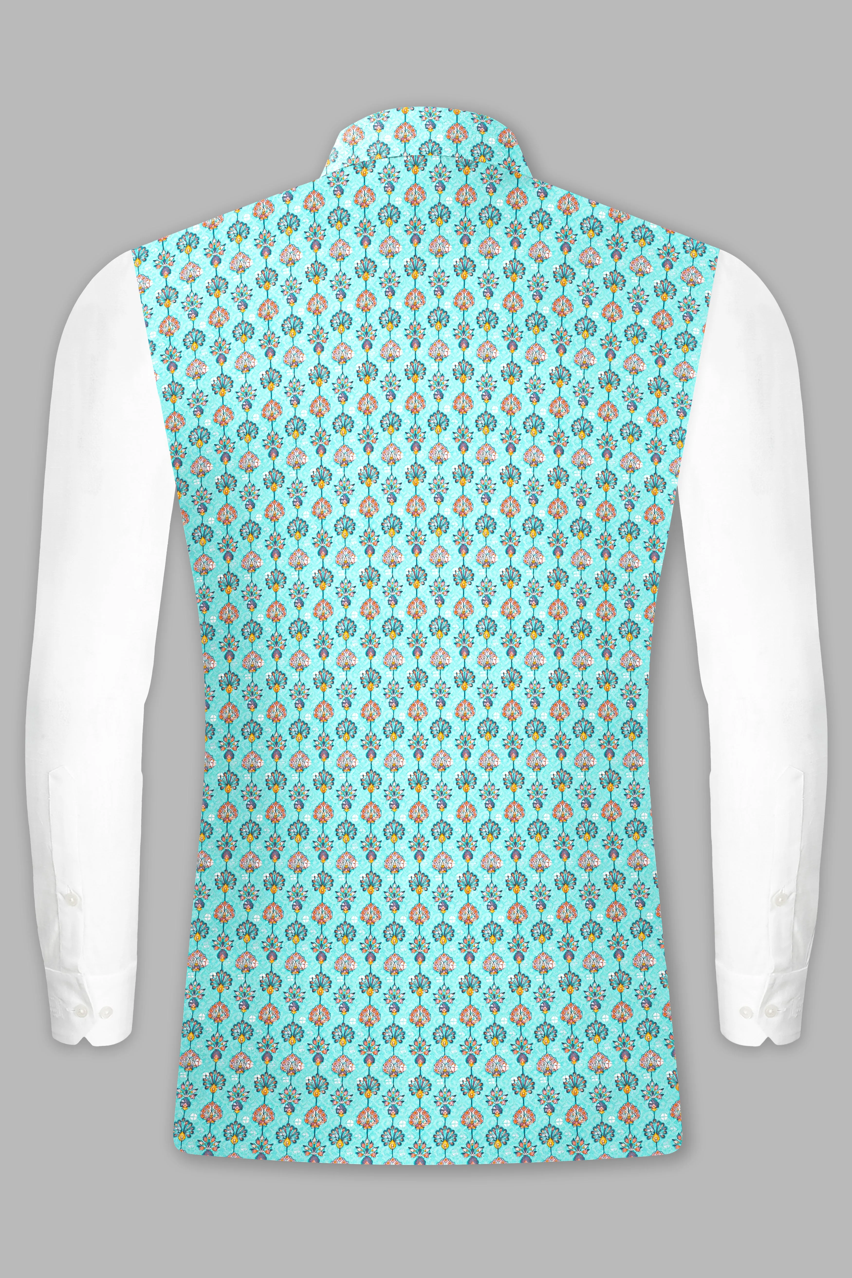 Aquamarine Blue And Tangerine Peach Designer Thread Embroidered Nehru Jacket