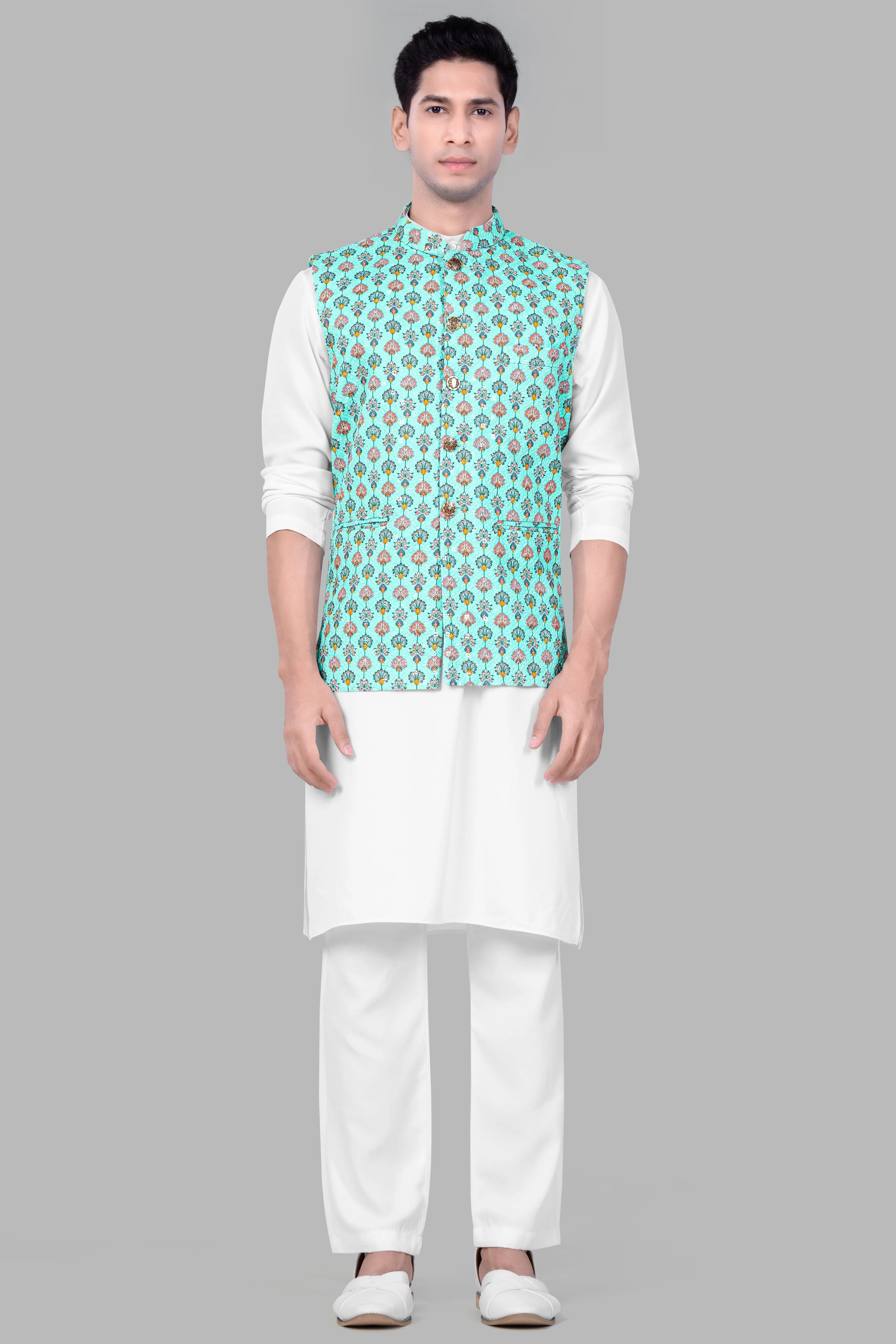 Aquamarine Blue And Tangerine Peach Designer Thread Embroidered Nehru Jacket