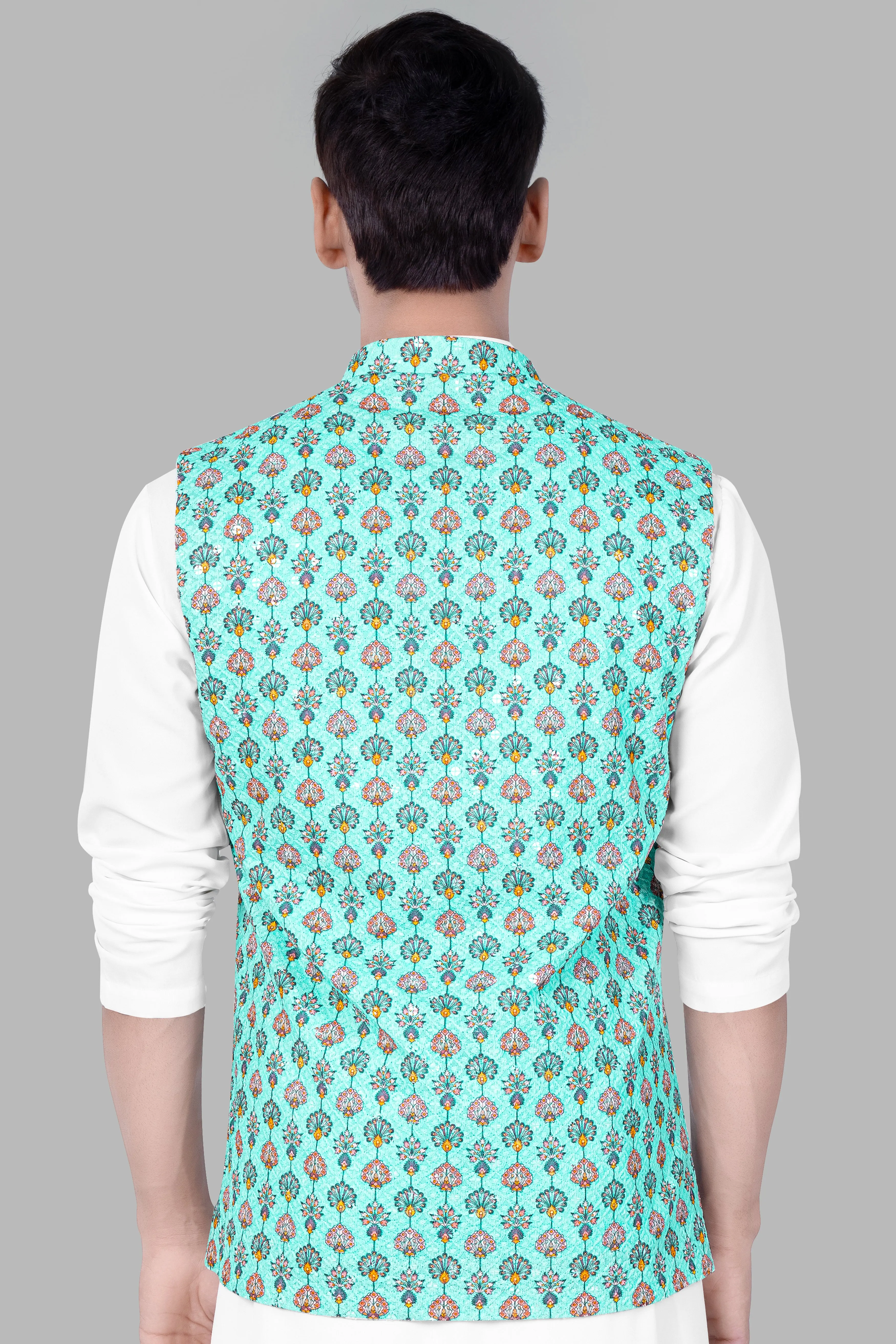 Aquamarine Blue And Tangerine Peach Designer Thread Embroidered Nehru Jacket