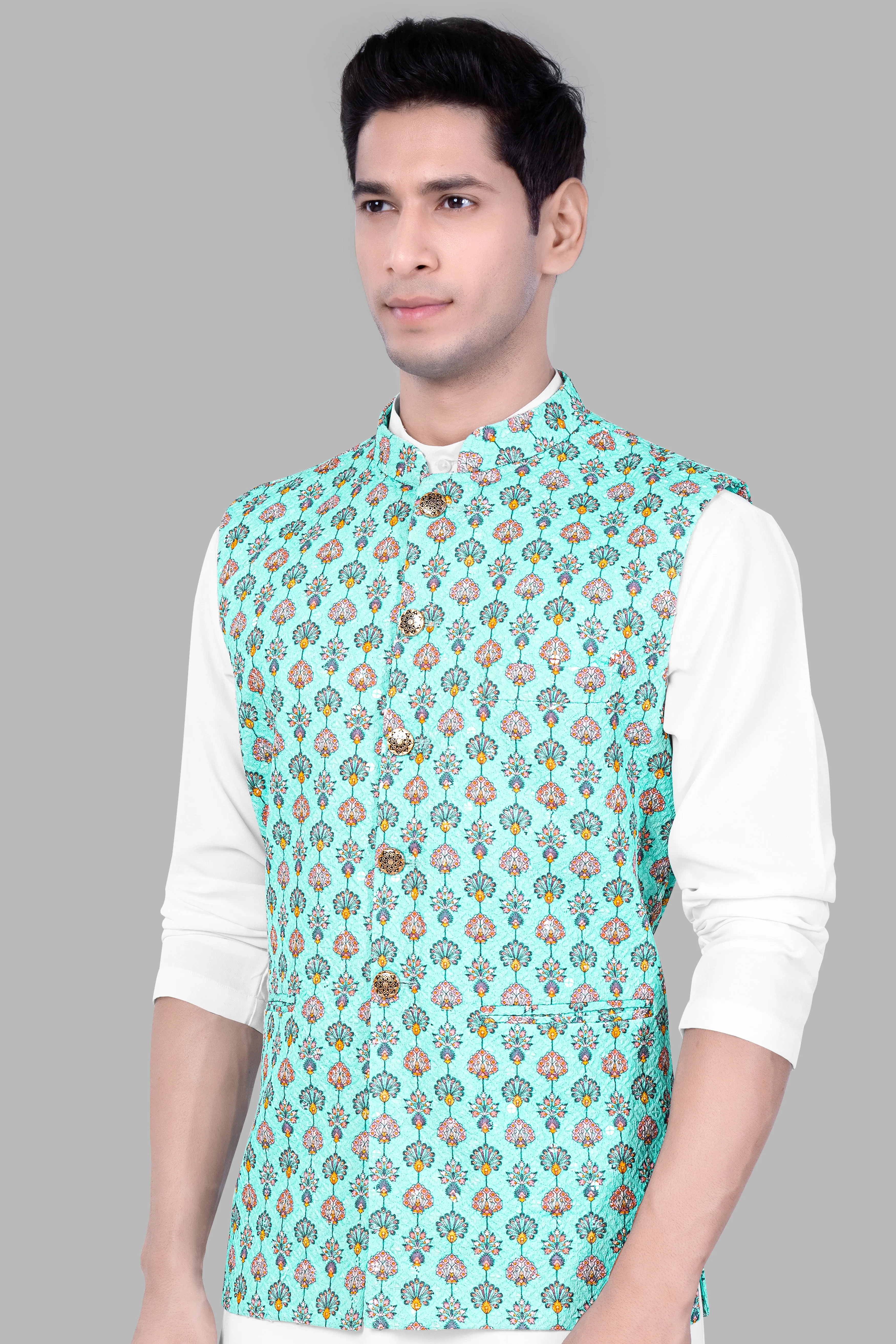 Aquamarine Blue And Tangerine Peach Designer Thread Embroidered Nehru Jacket