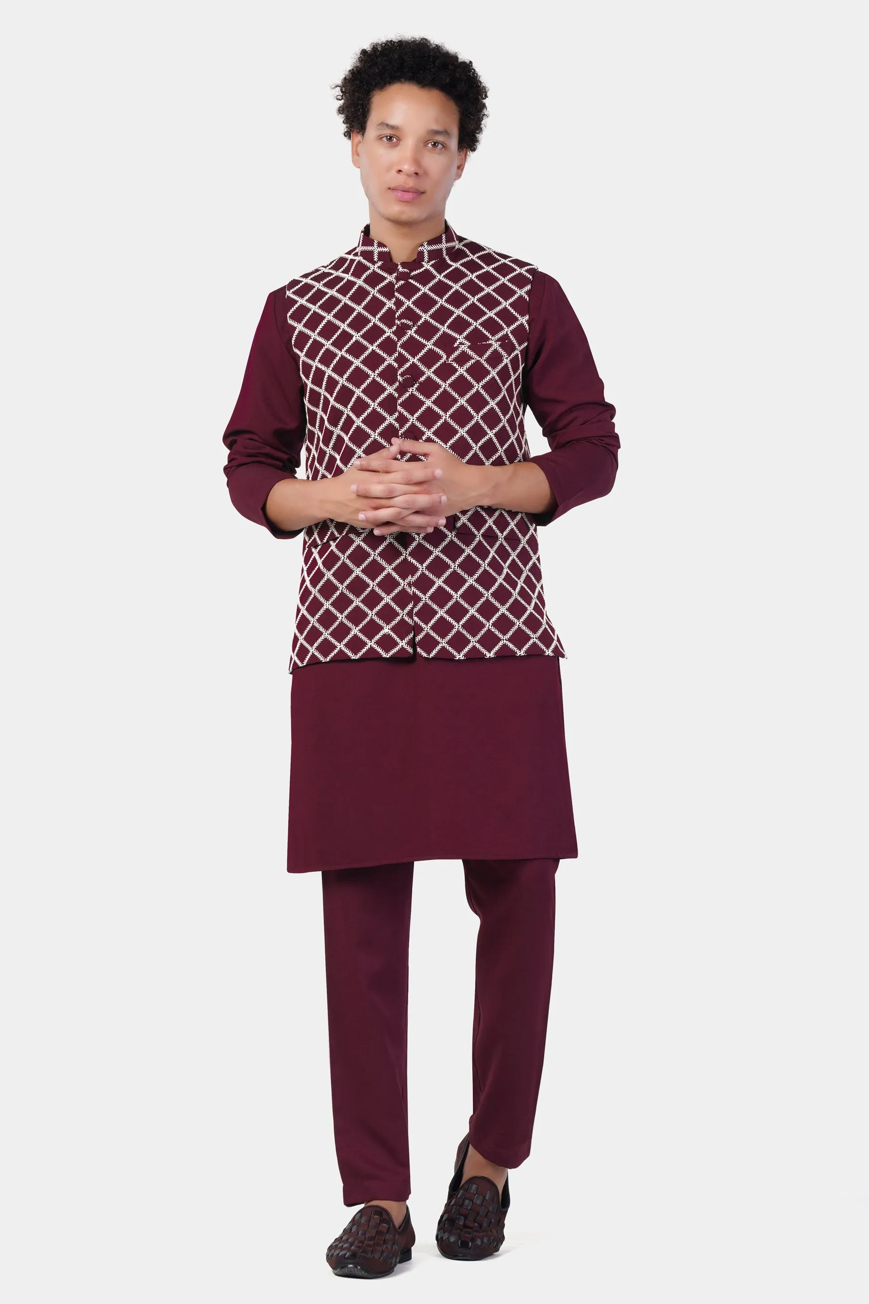 Aubergine Maroon Geometric Pattern Thread Embroidered Designer Viscose Nehru Jacket