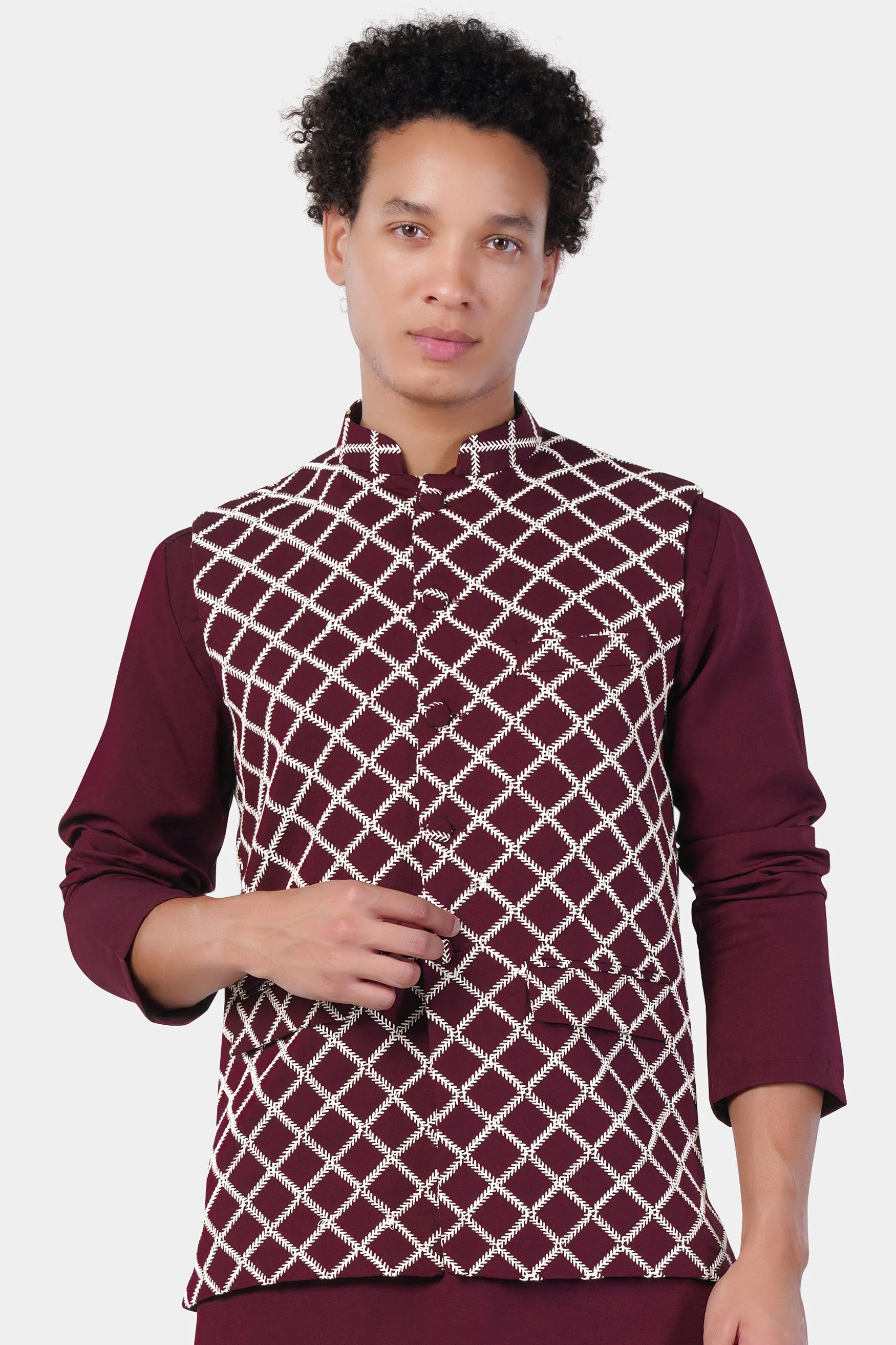 Aubergine Maroon Geometric Pattern Thread Embroidered Designer Viscose Nehru Jacket