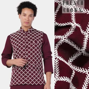 Aubergine Maroon Geometric Pattern Thread Embroidered Designer Viscose Nehru Jacket