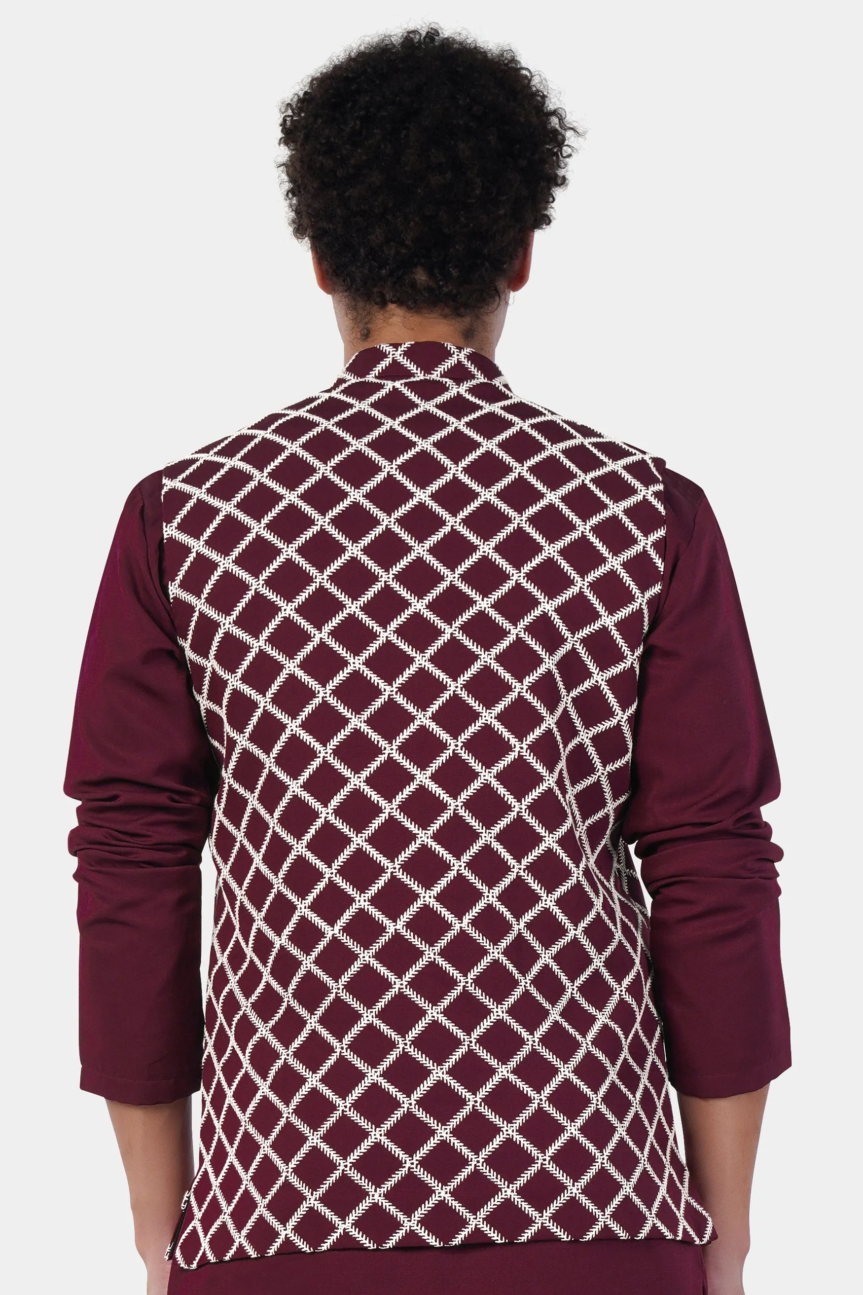 Aubergine Maroon Geometric Pattern Thread Embroidered Designer Viscose Nehru Jacket