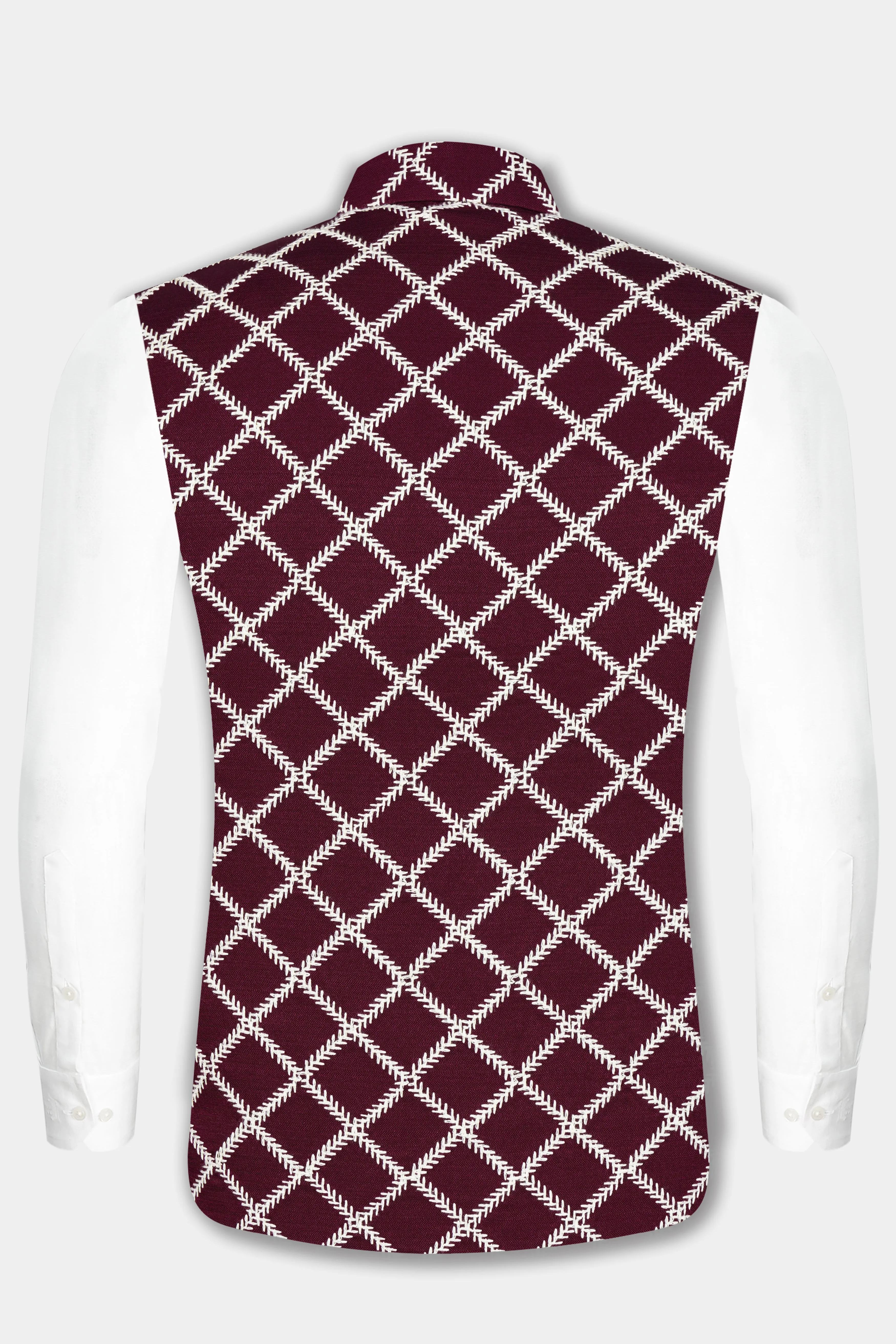 Aubergine Maroon Geometric Pattern Thread Embroidered Designer Viscose Nehru Jacket