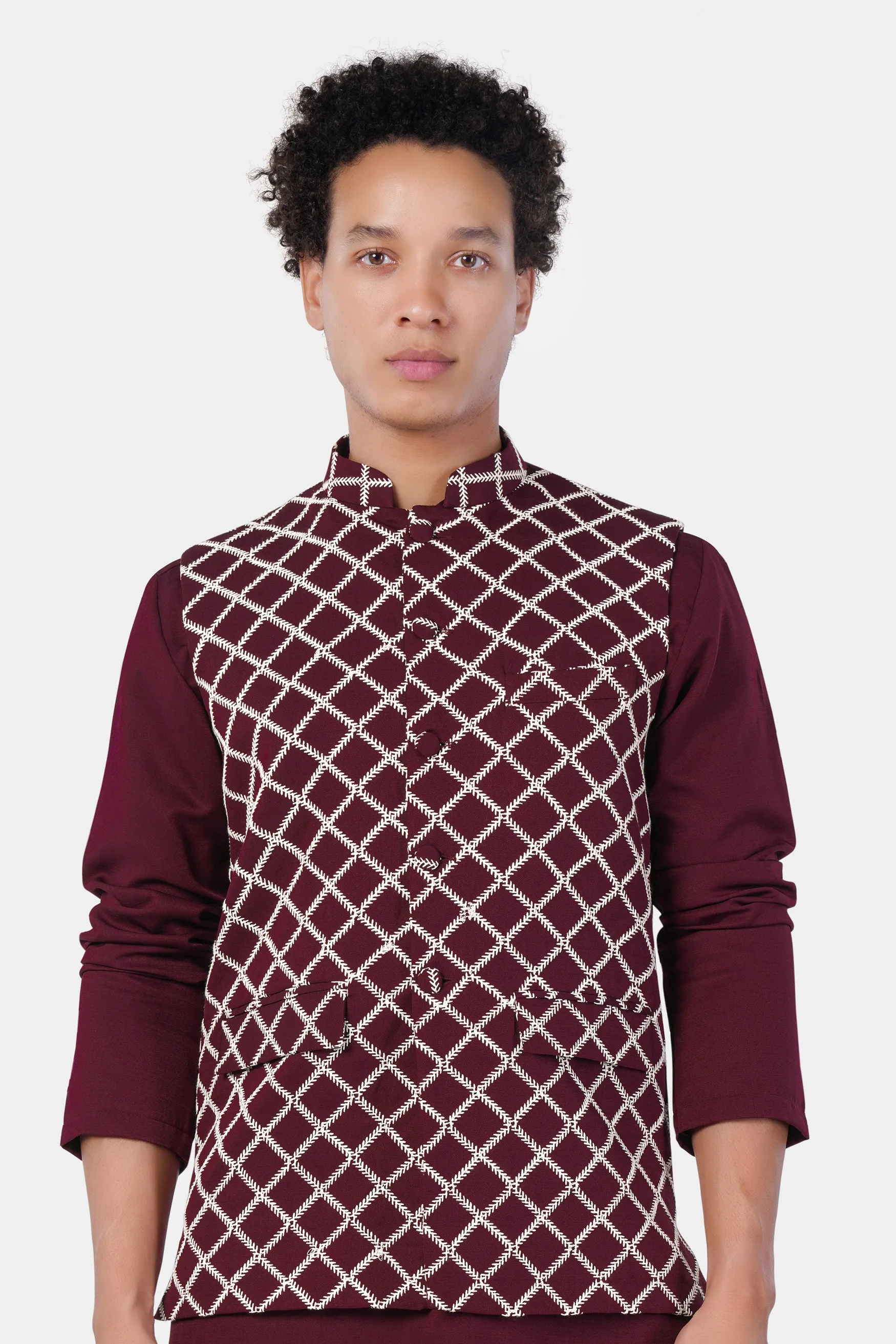 Aubergine Maroon Geometric Pattern Thread Embroidered Designer Viscose Nehru Jacket