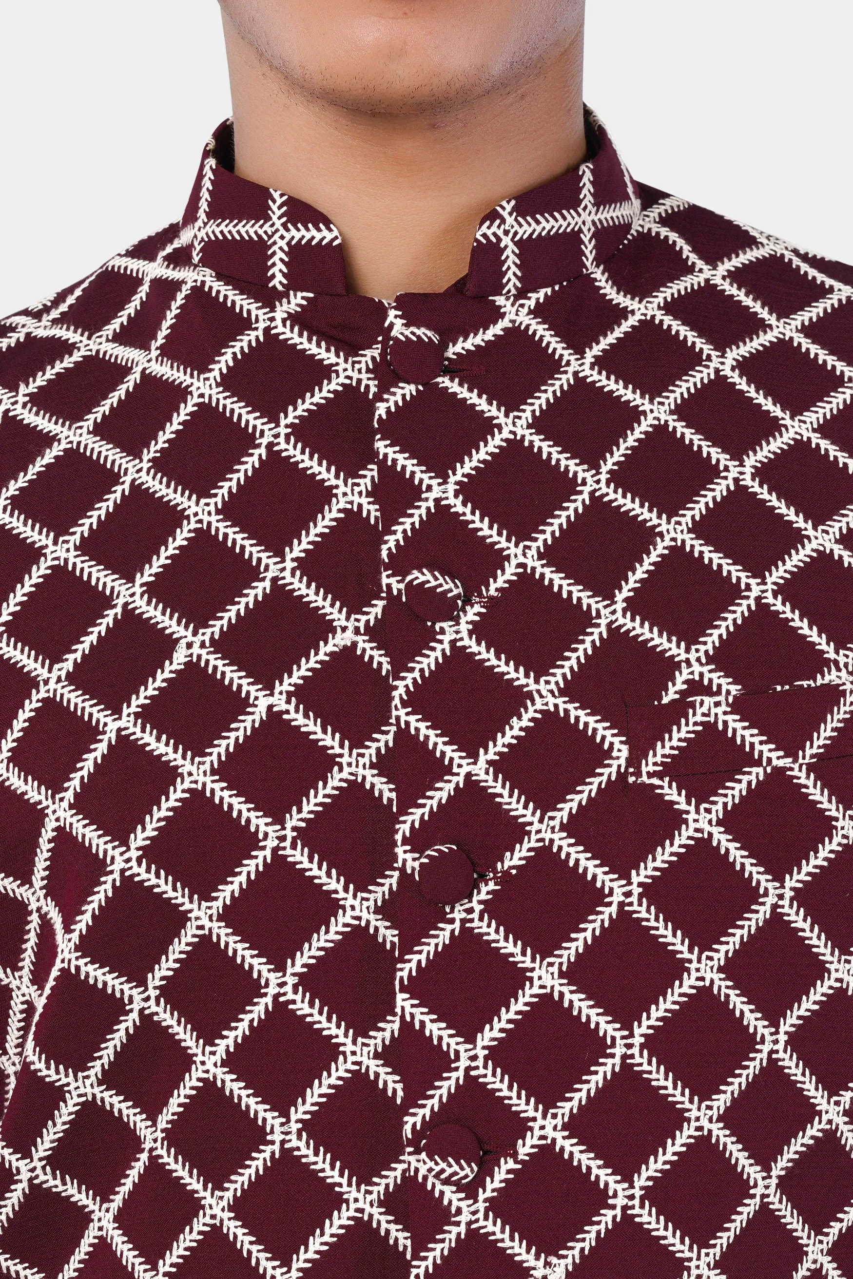 Aubergine Maroon Geometric Pattern Thread Embroidered Designer Viscose Nehru Jacket