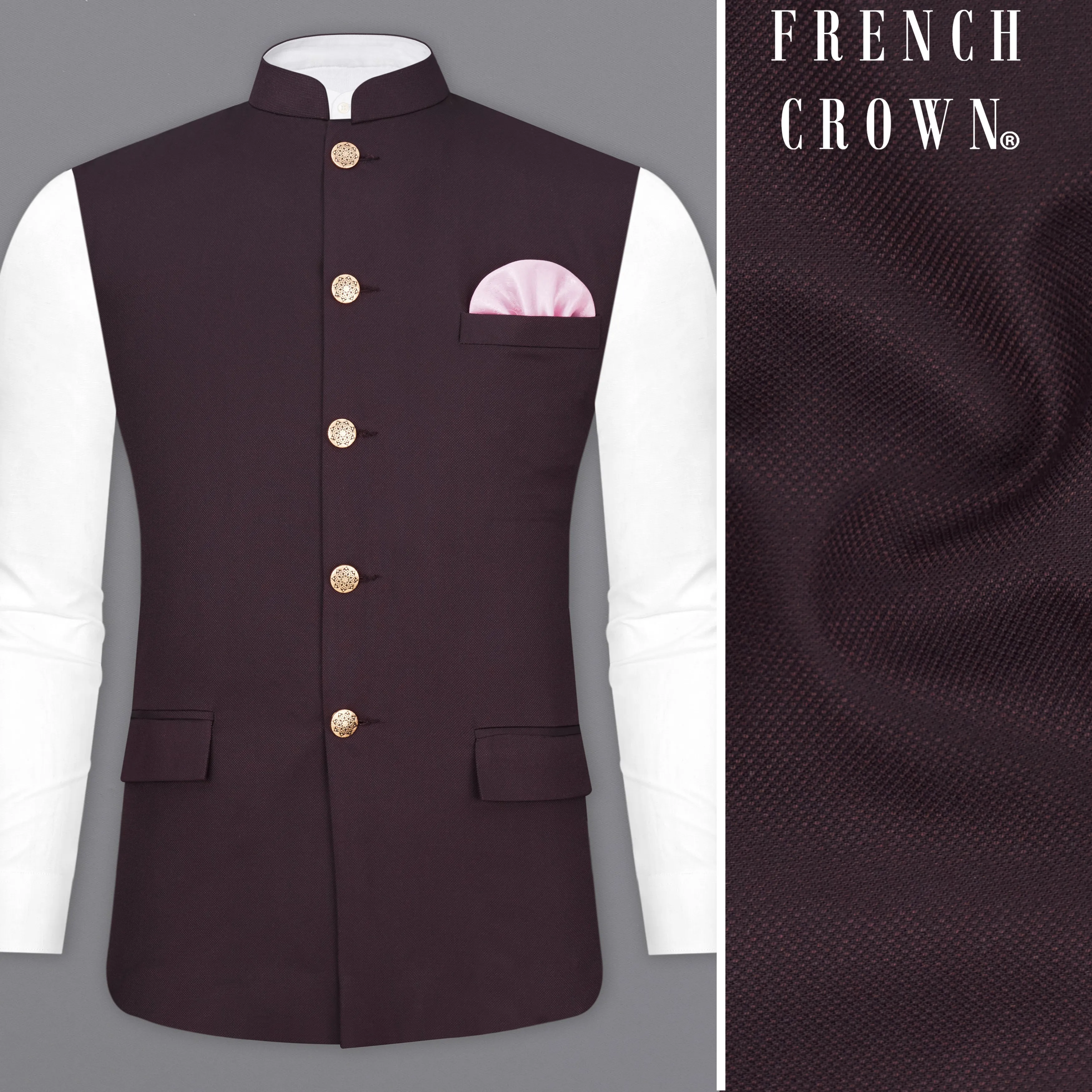 Aubergine Maroon Textured Nehru Jacket