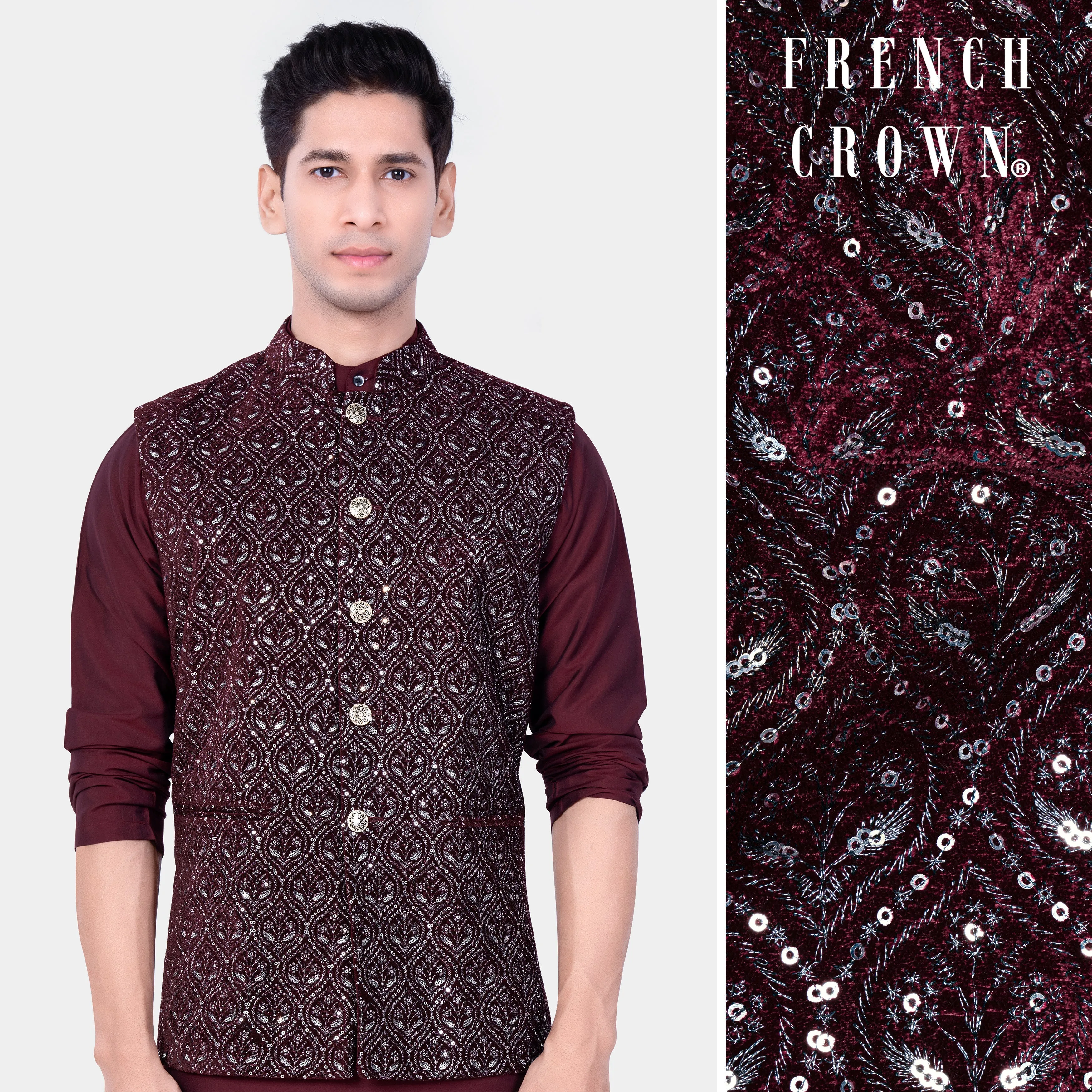 Aubergine Maroon With Sequins And Thread Embroidered Nehru Jacket