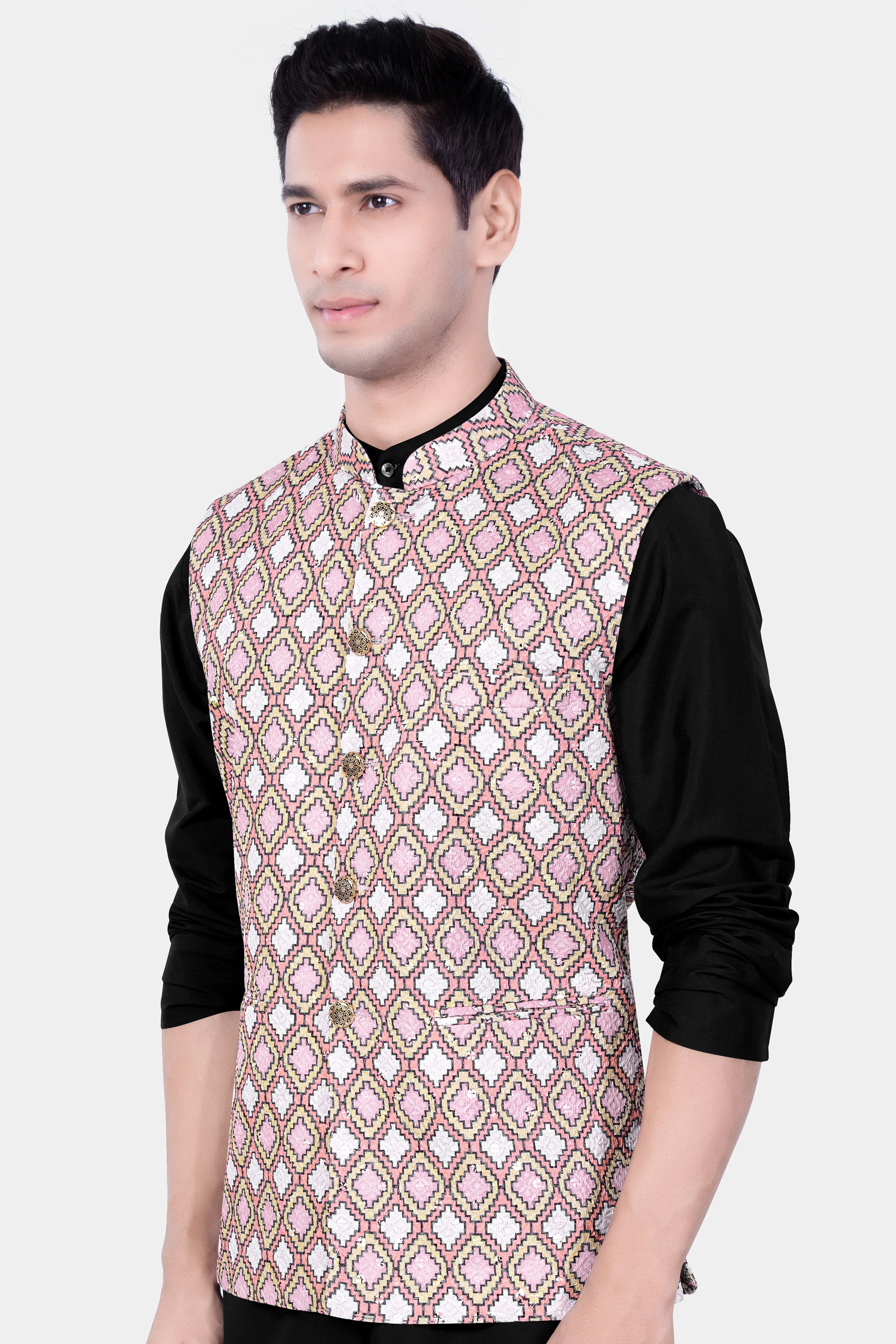 Azalea Pink And Astra Yellow MultiColour Designer Embroidered Nehru Jacket