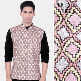 Azalea Pink And Astra Yellow MultiColour Designer Embroidered Nehru Jacket