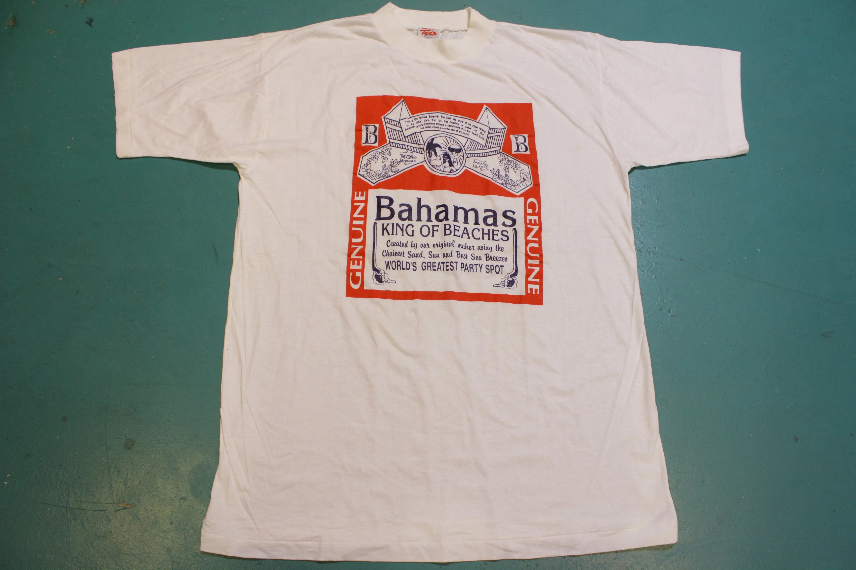 Bahamas King of Beaches Party Spot Vintage 80s Budweiser Single Stitch T-Shirt