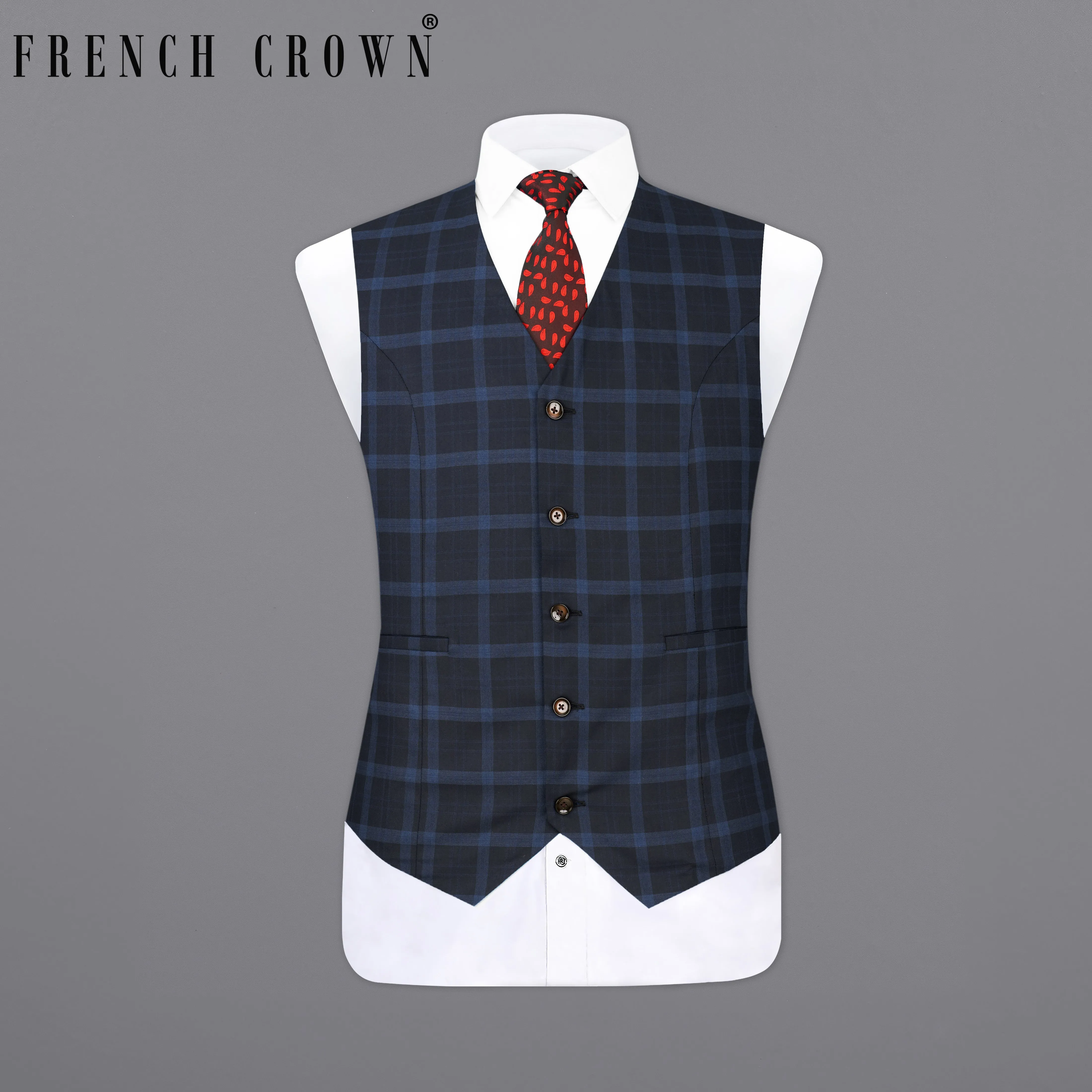 Baltic Sea Navy Blue Windowpane  Waistcoat