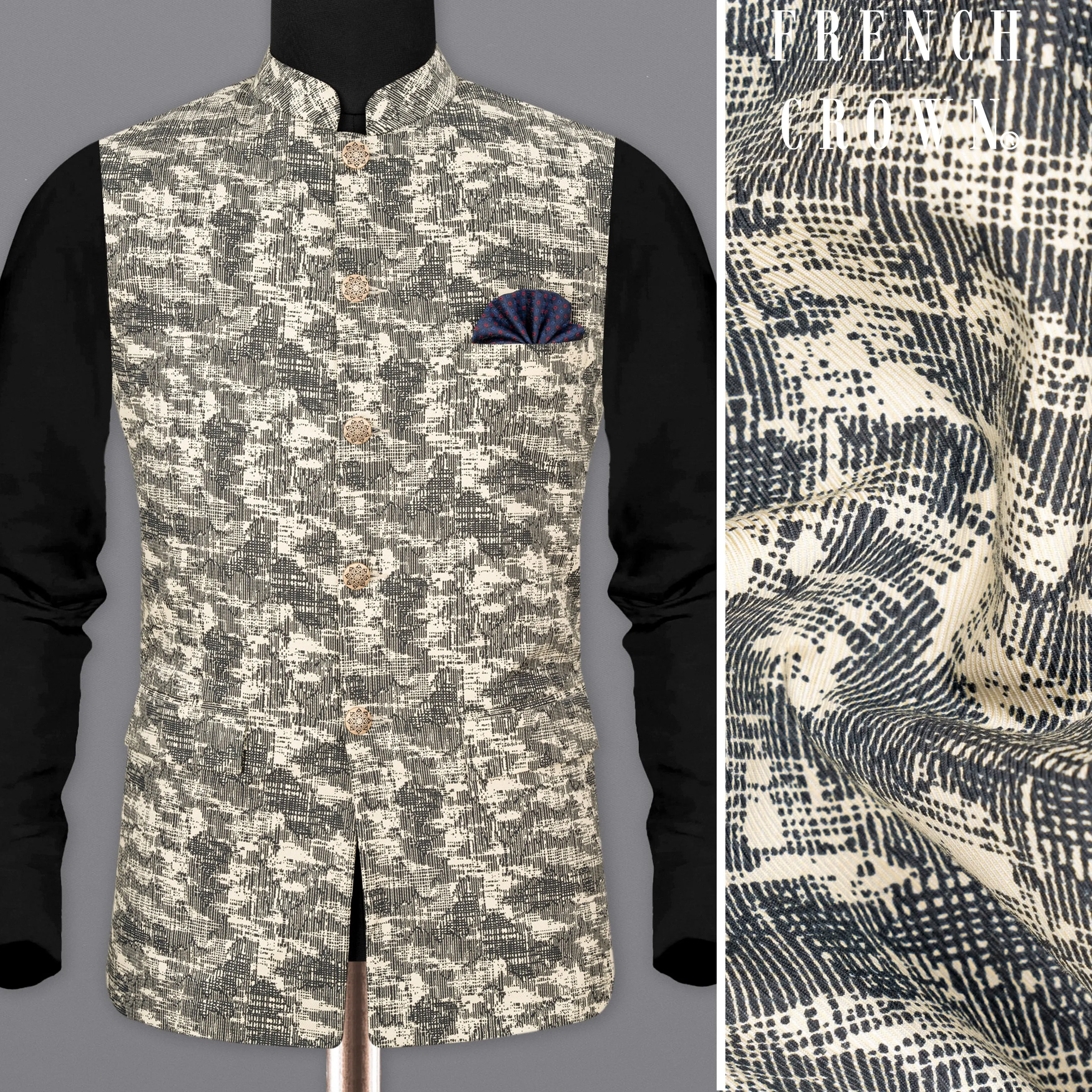 Bastille and Champagne Beige Abstract Print Nehru Jacket