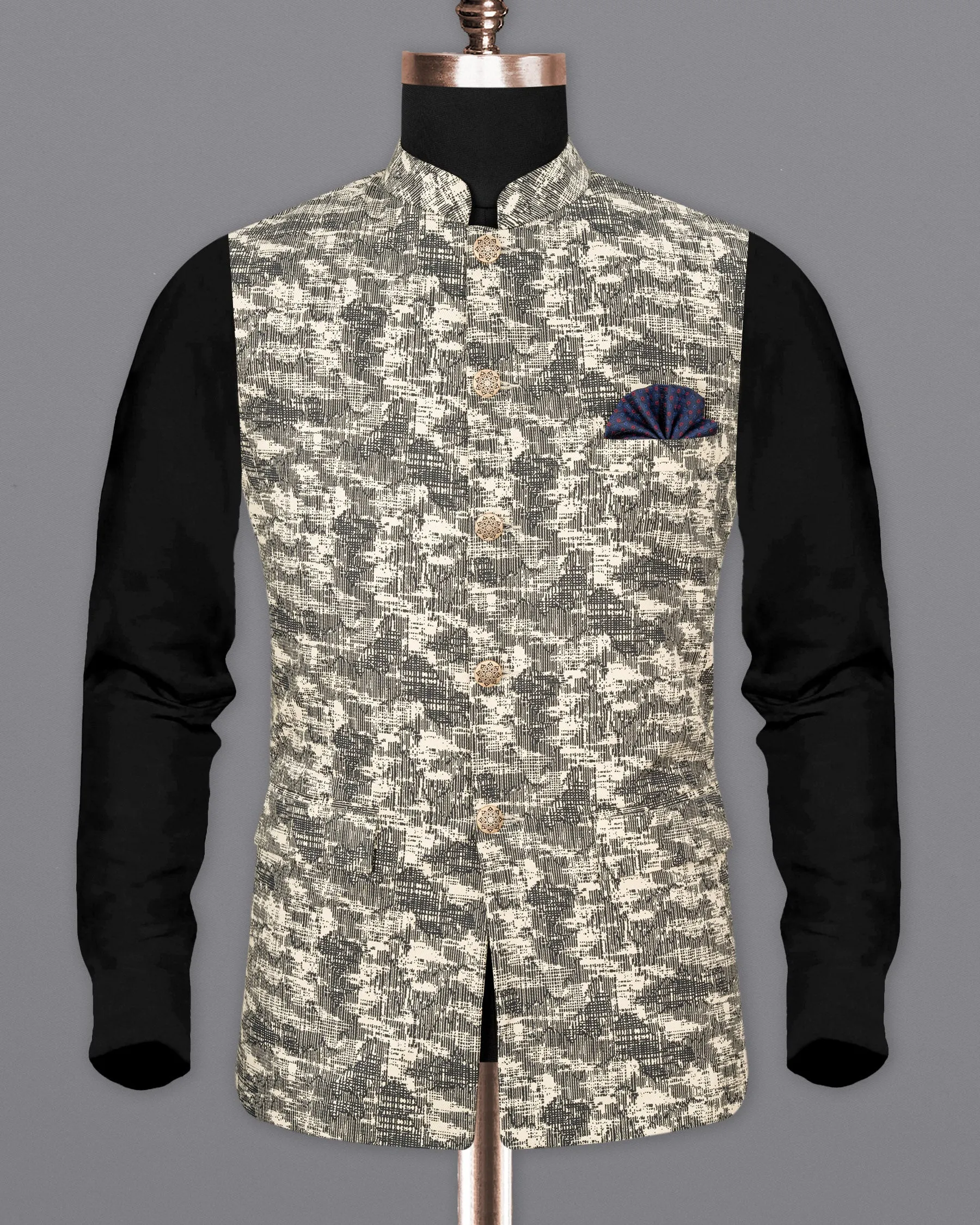 Bastille and Champagne Beige Abstract Print Nehru Jacket