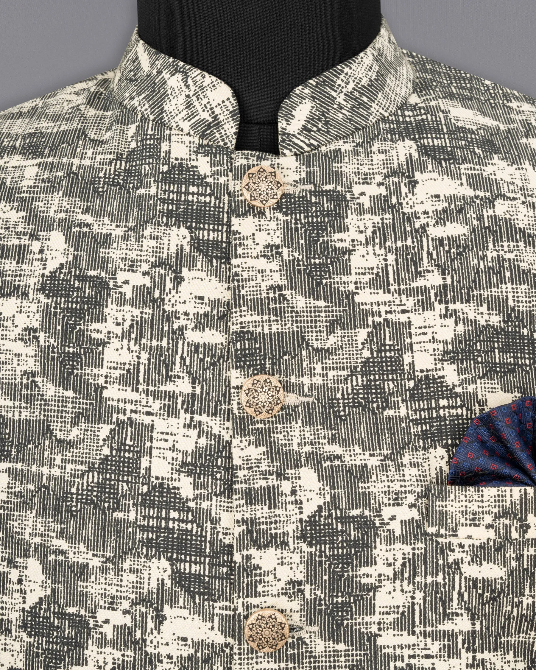 Bastille and Champagne Beige Abstract Print Nehru Jacket