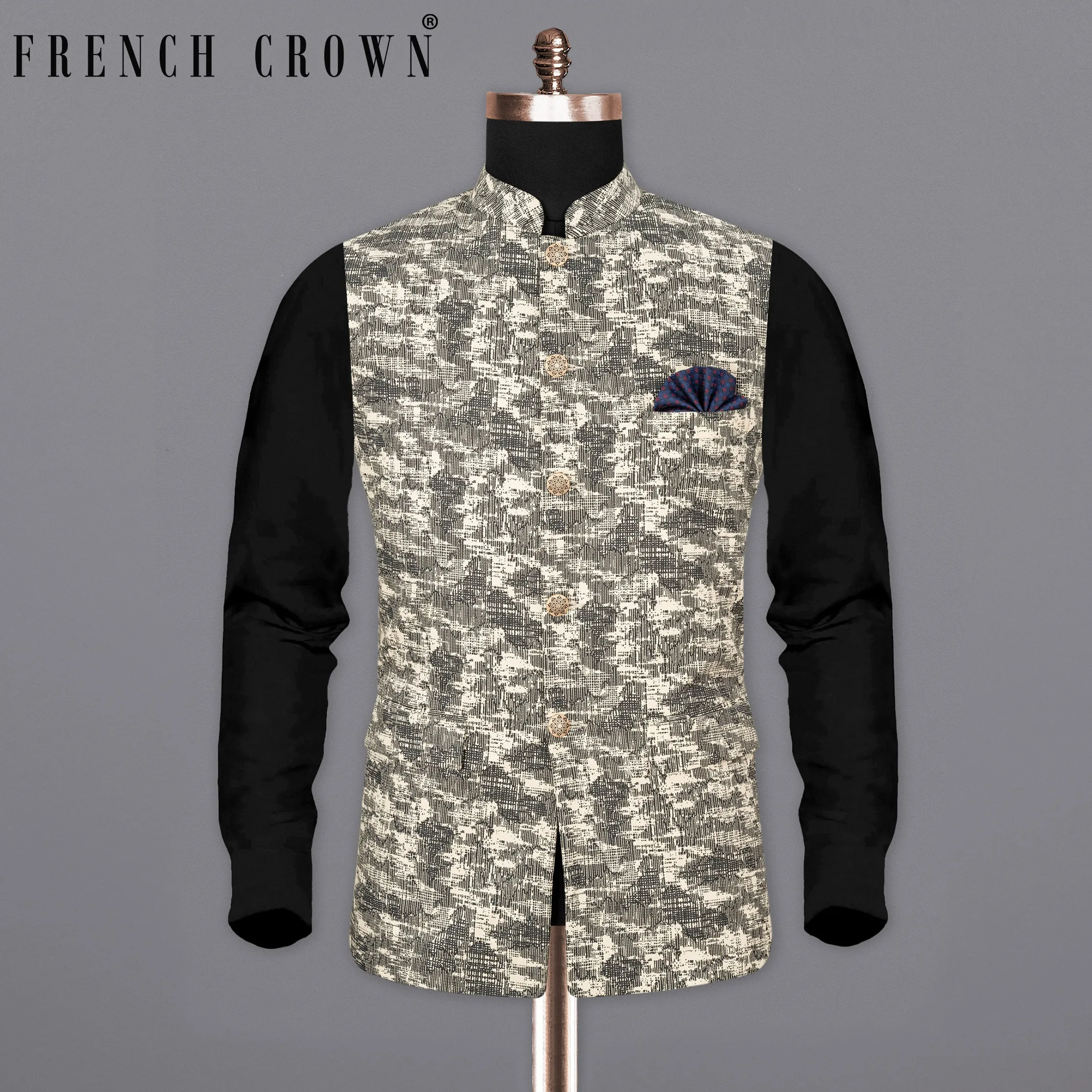 Bastille and Champagne Beige Abstract Print Nehru Jacket