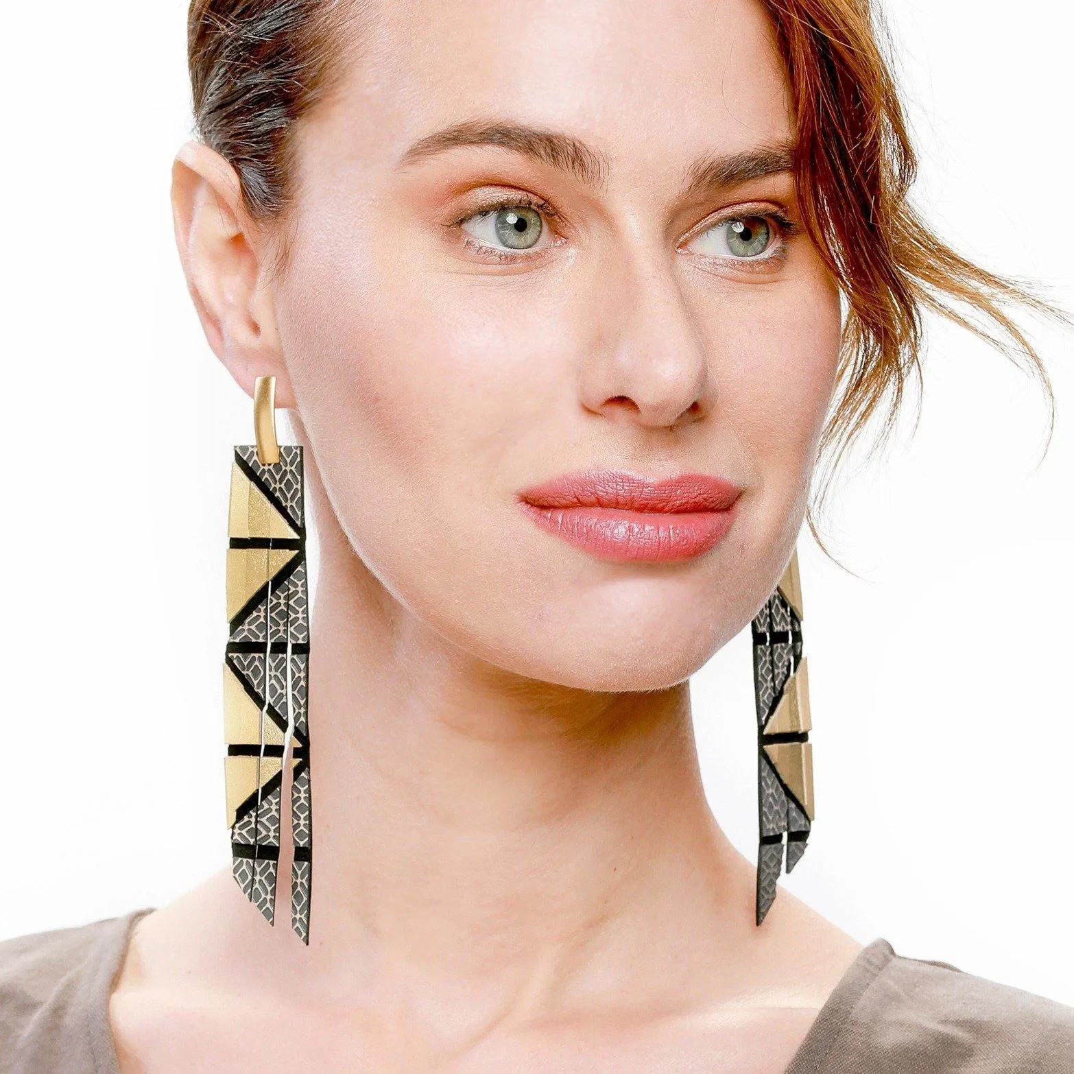 Geo silver extra long leather earrings