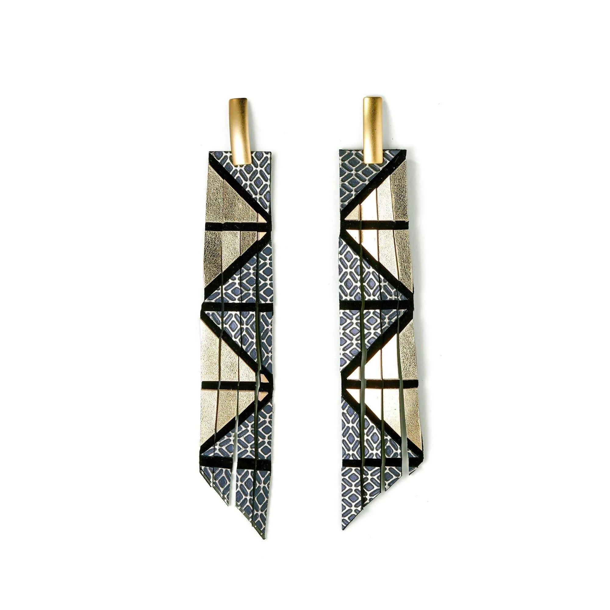 Geo silver extra long leather earrings