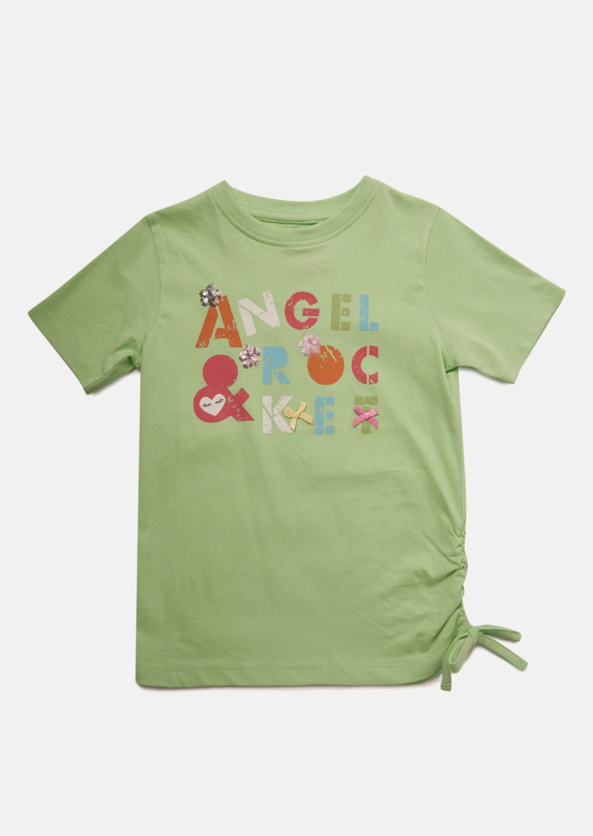 Girls Pretty Printed Cotton Green T-Shirt