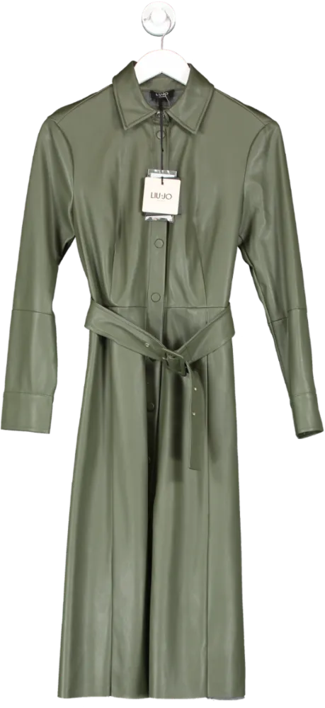 Liu JO Olive Green Eco Leather Midi Shirt Dress Bnwt UK 8