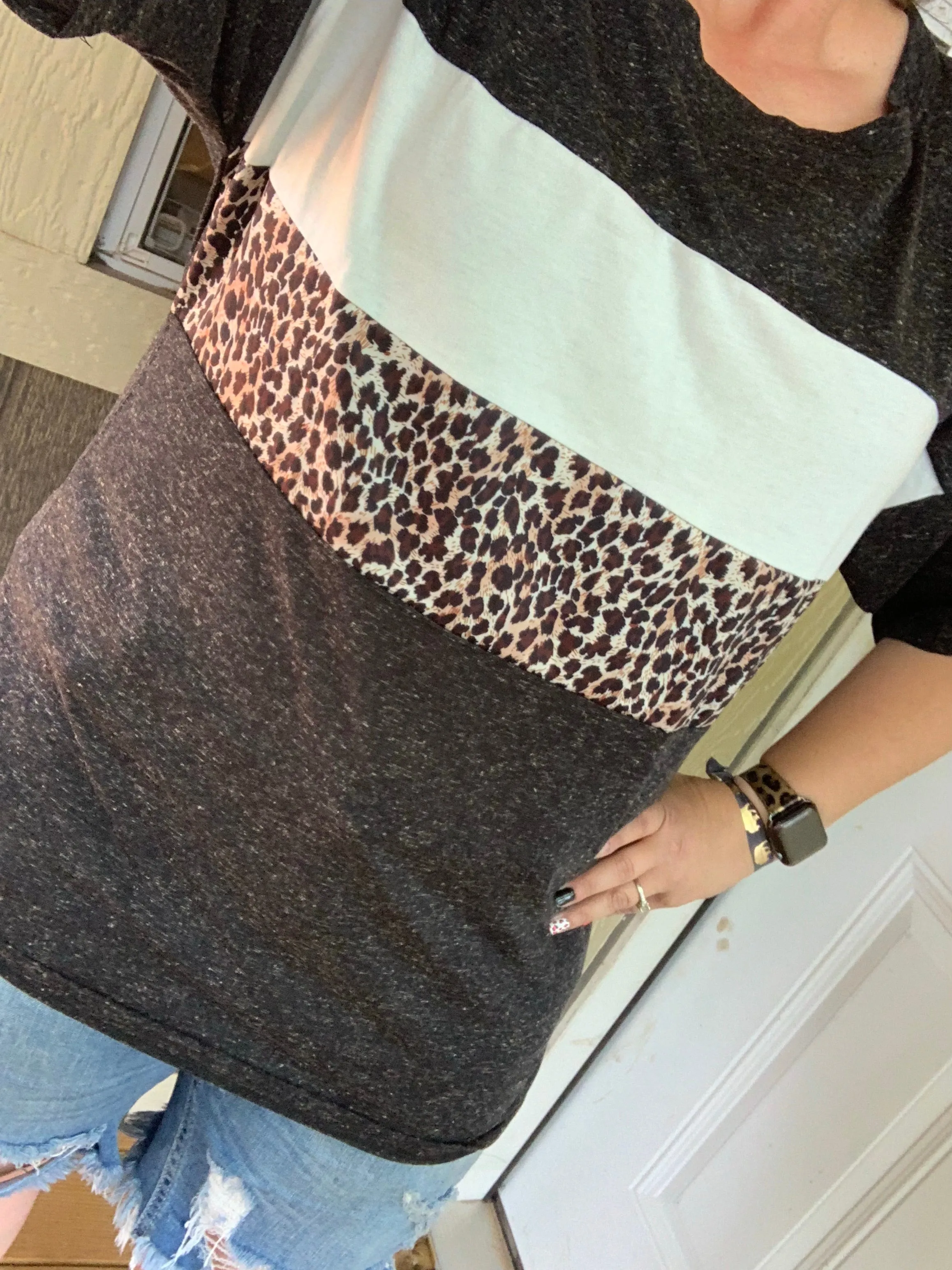 {MIA} Charcoal Black   Leopard Color Block Stripes Loose Fit Top