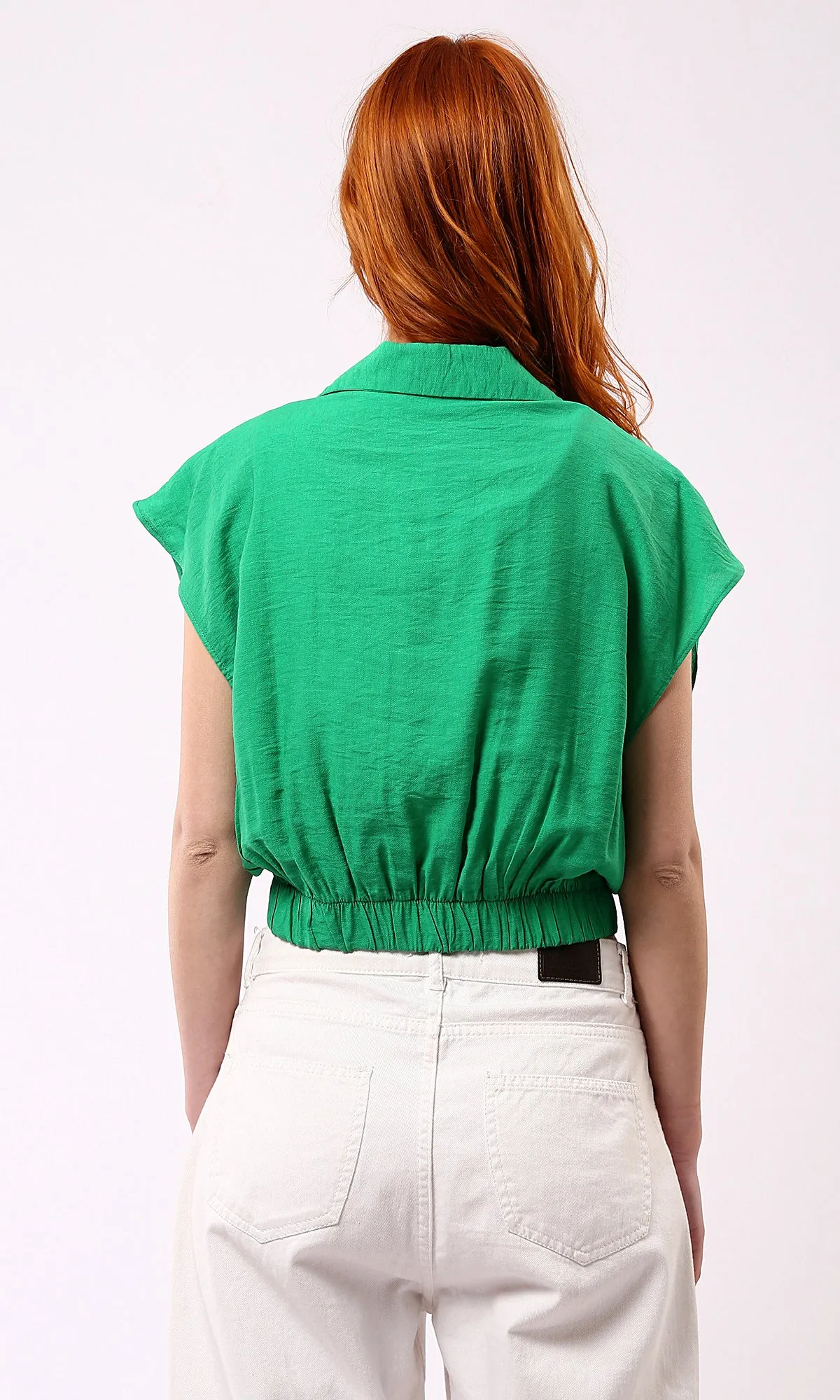 O179141 Deep V-Neck Buttoned Green Short Shirt