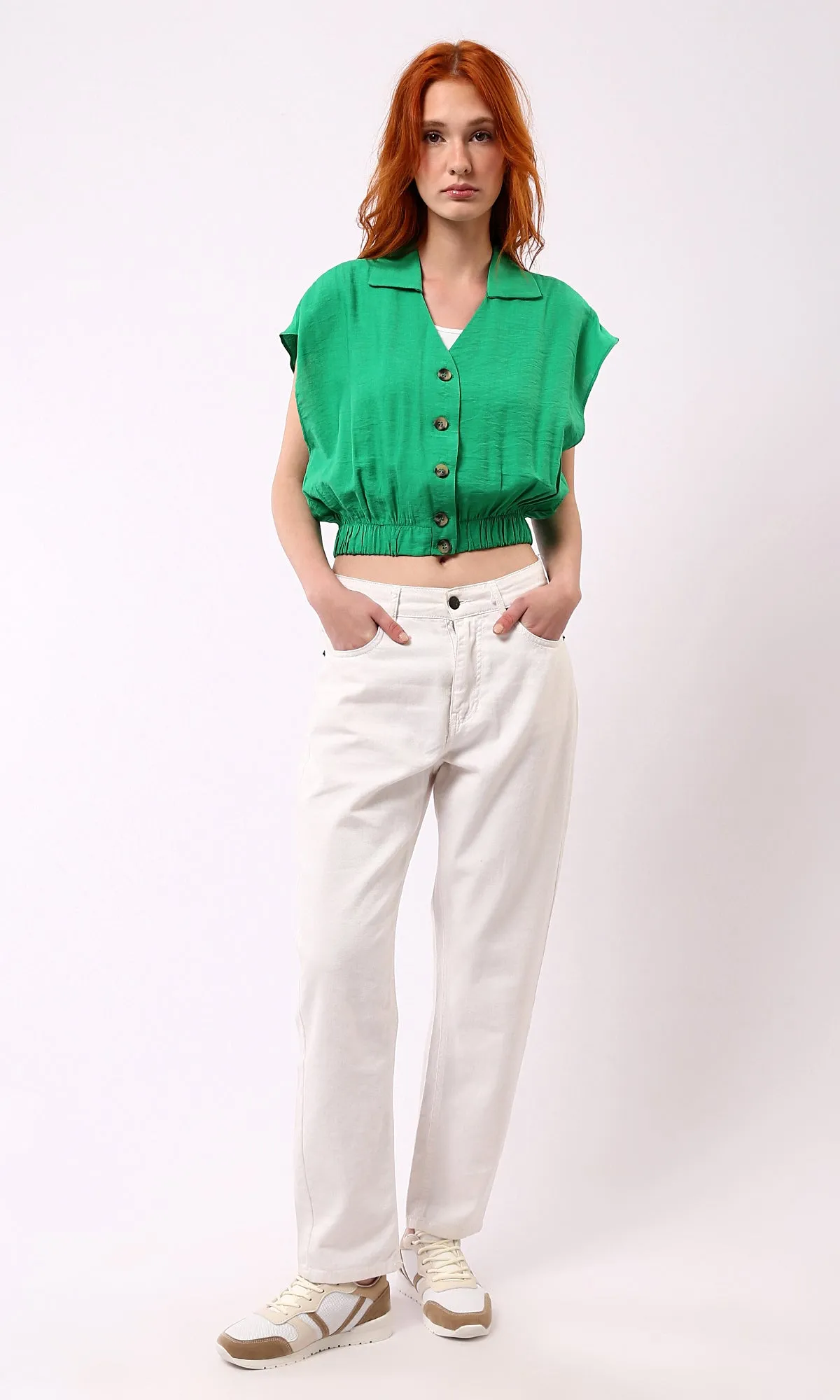 O179141 Deep V-Neck Buttoned Green Short Shirt