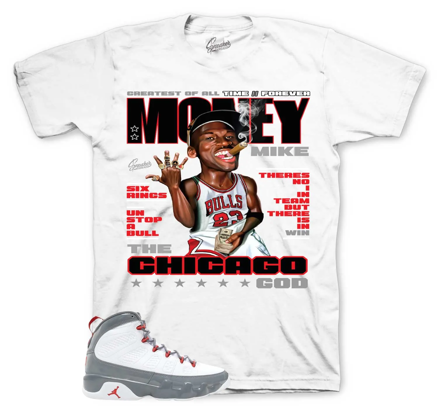 Retro 9 Fire Red Shirt - Money Mike - White