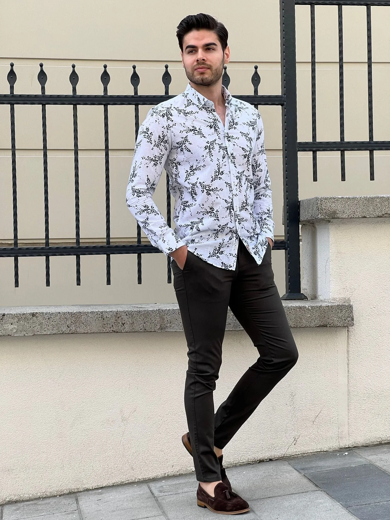 Slim Fit Patterned Cotton White Khaki Shirt