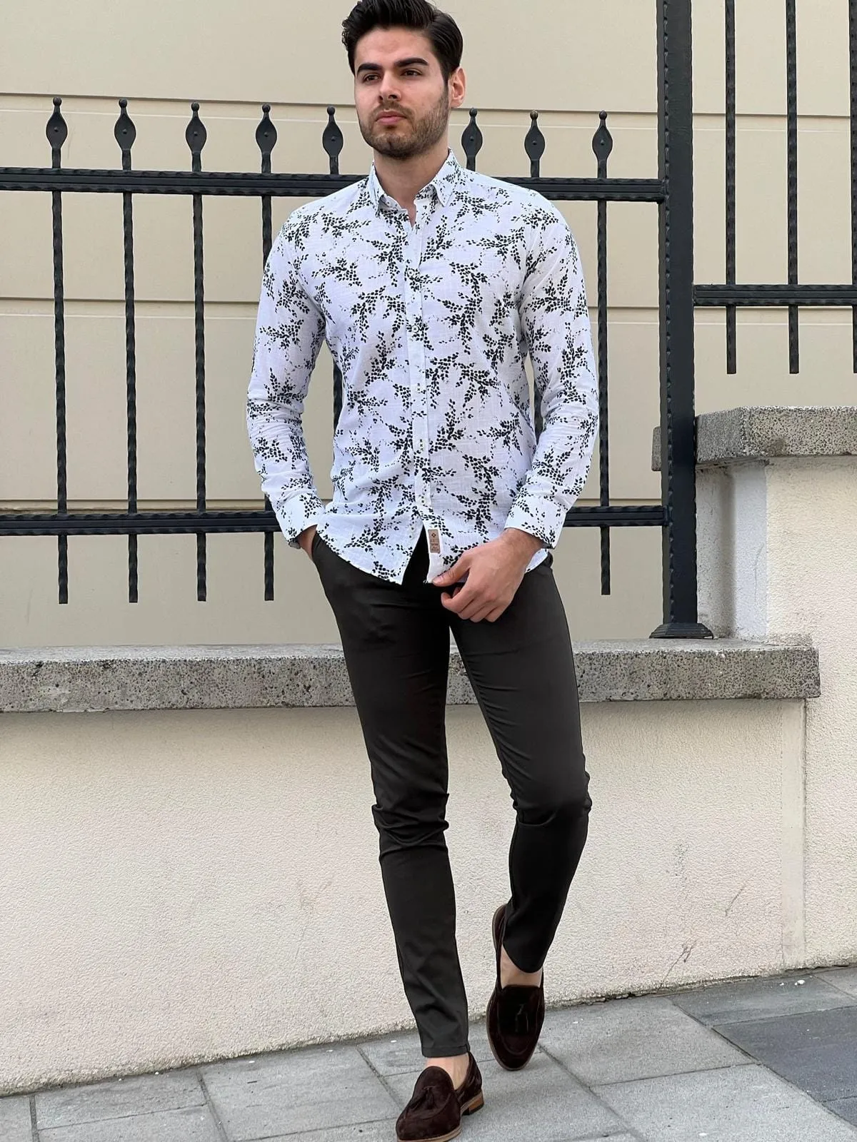 Slim Fit Patterned Cotton White Khaki Shirt